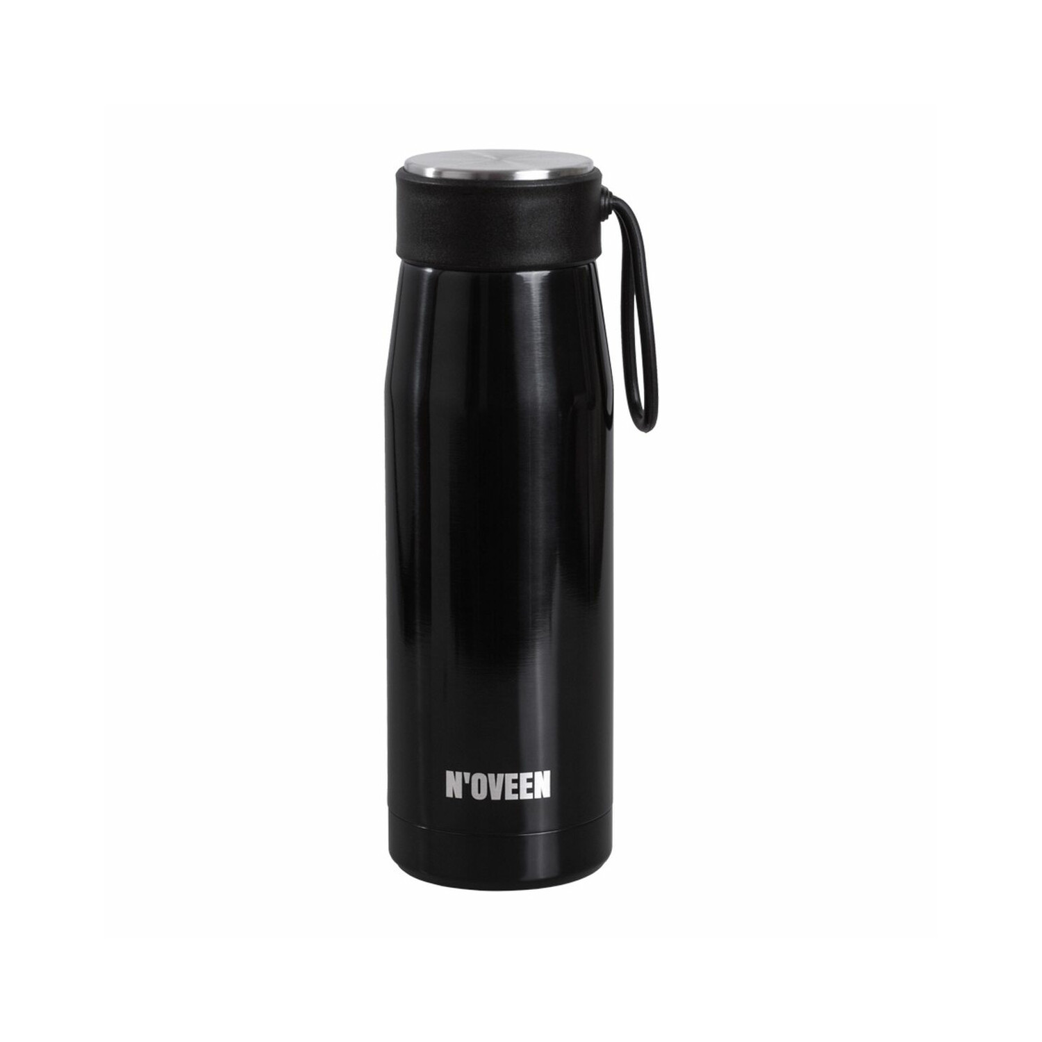 Eine schwarze Thermosflasche mit schwarzem Deckel und Griff. Der Markenname 'N'OVEEN' ist darauf gedruckt.