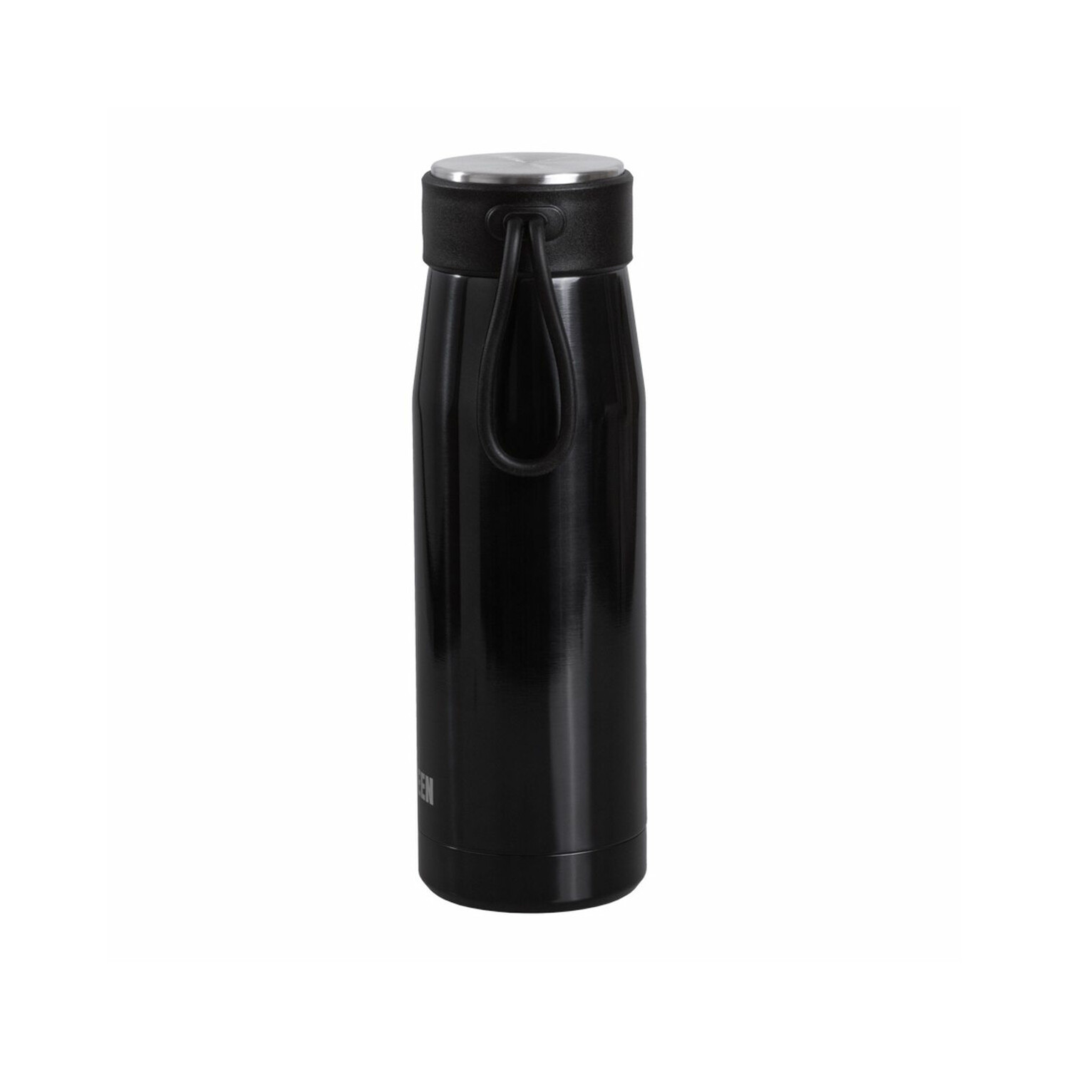 Schwarze Wasserflasche mit silbernem Deckel und schwarzem Riemen.