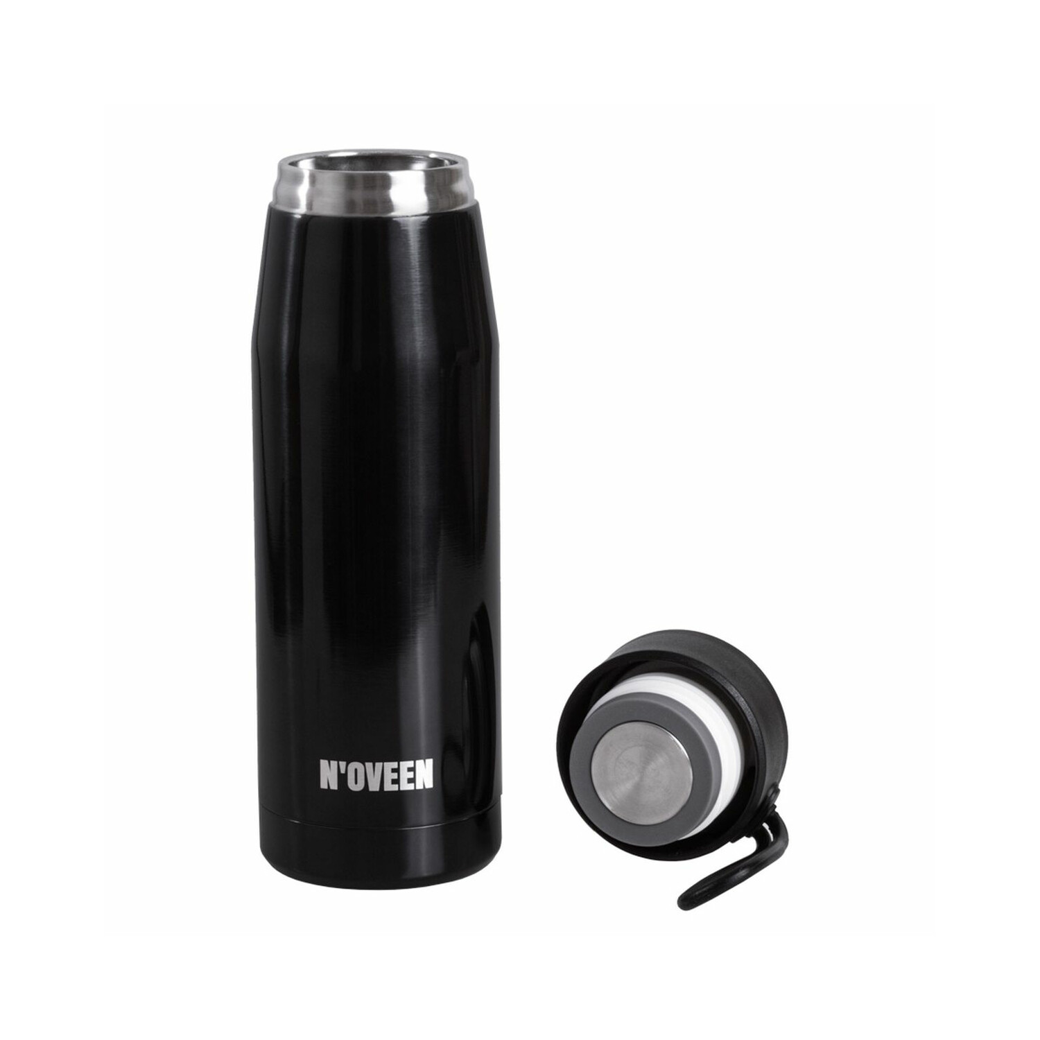 Schwarze isolierte Wasserflasche mit offenem Deckel.