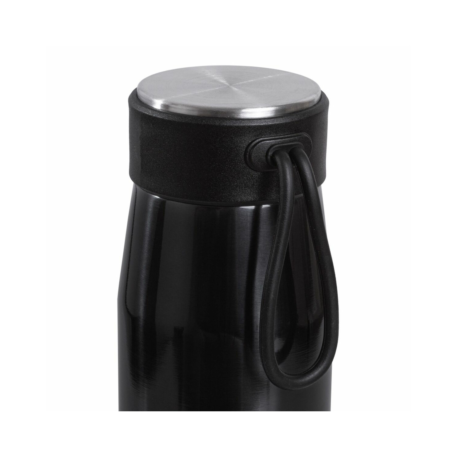 Eine schwarze Edelstahl-Wasserflasche mit schwarzem Riemen oben.
