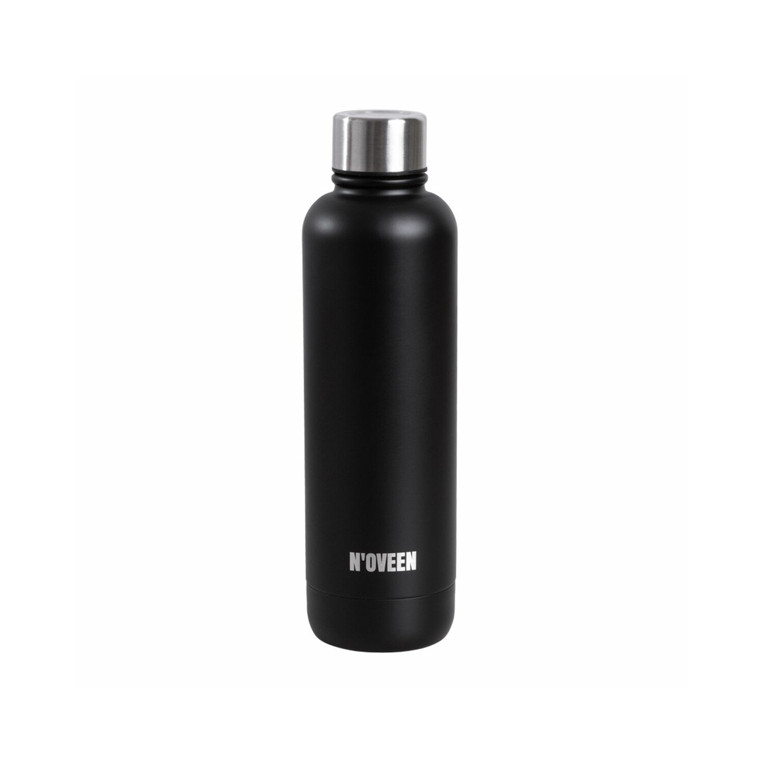 Eine schwarze Edelstahl-Wasserflasche mit silbernem Deckel, vor weißem Hintergrund.