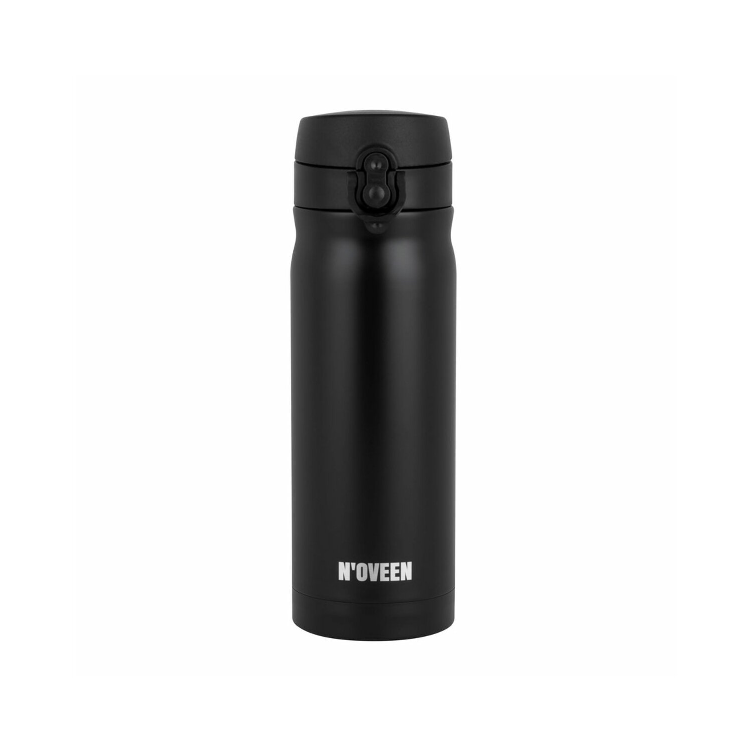 Eine schwarze isolierte Wasserflasche mit schwarzem Deckel, vor weißem Hintergrund.