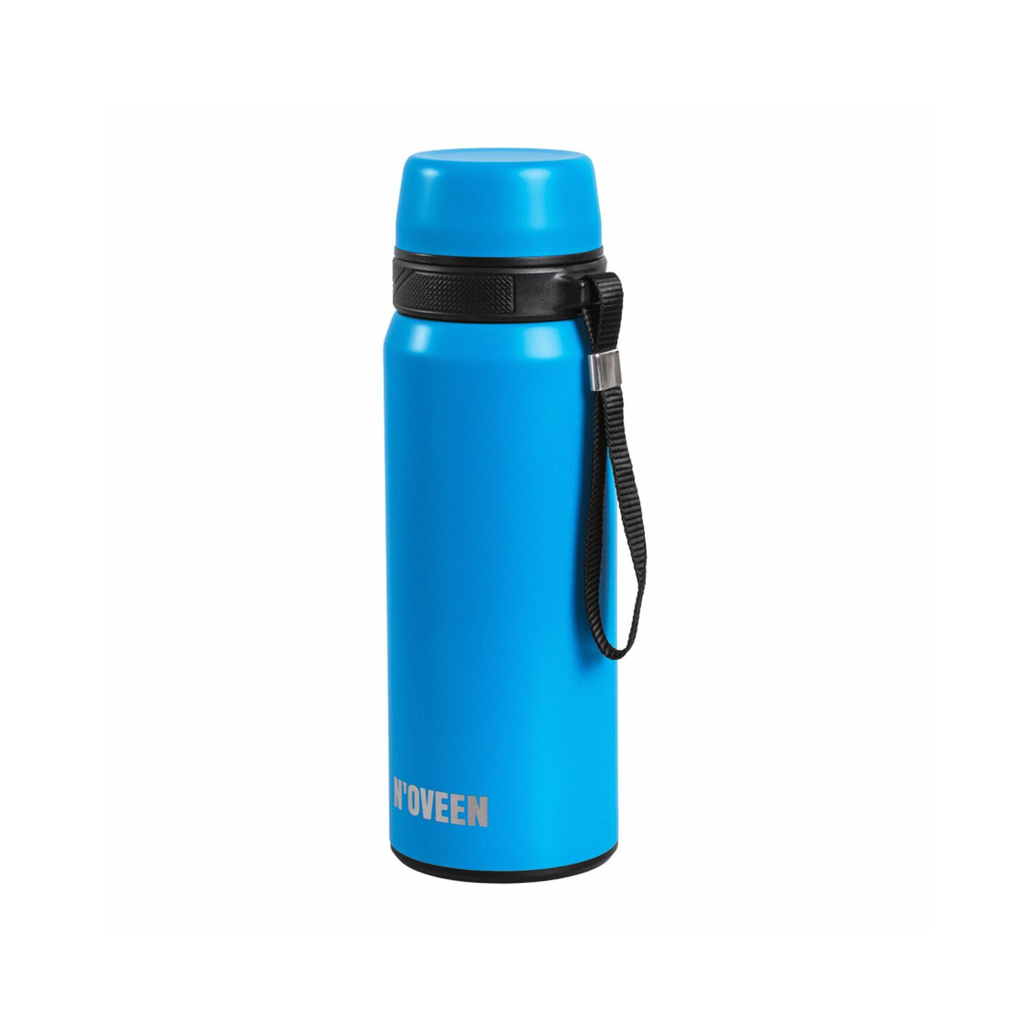 Eine blaue, metallische Wasserflasche mit schwarzem Deckel und Trageriemen.