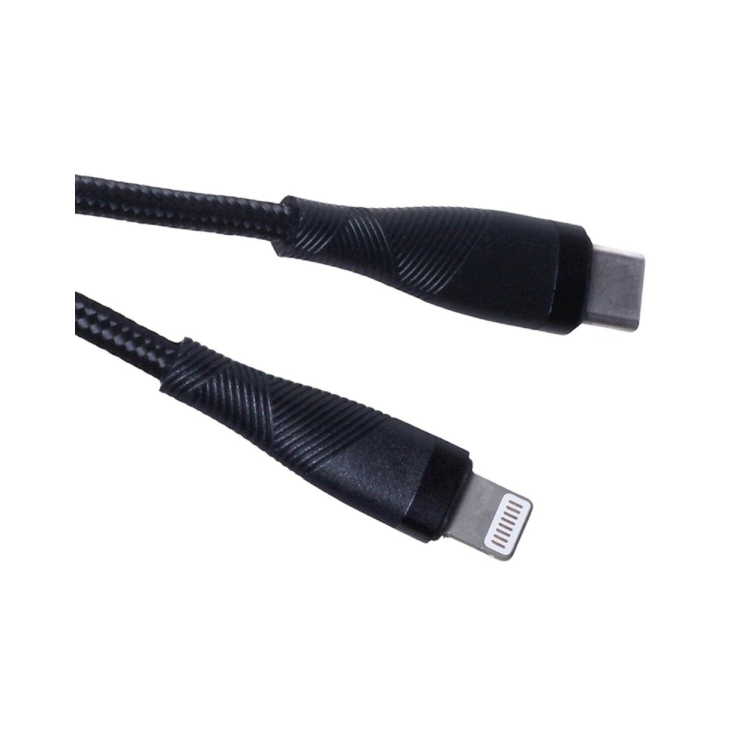 Schwarzes USB-C-auf-Lightning-Kabel. Ein Ende ist ein USB-C-Anschluss, das andere ein Lightning-Anschluss.