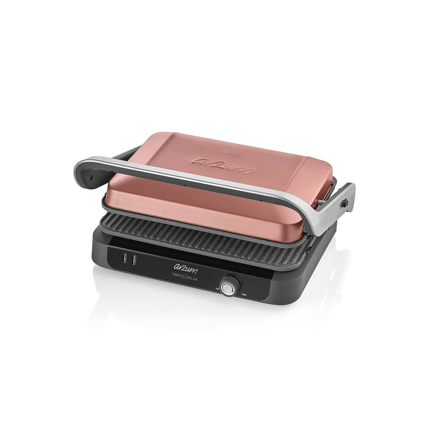Eine offene roségoldene Arzum Tostçu Deluxe Panini-Presse auf schwarzem Sockel. Die Oberseite ist offen.