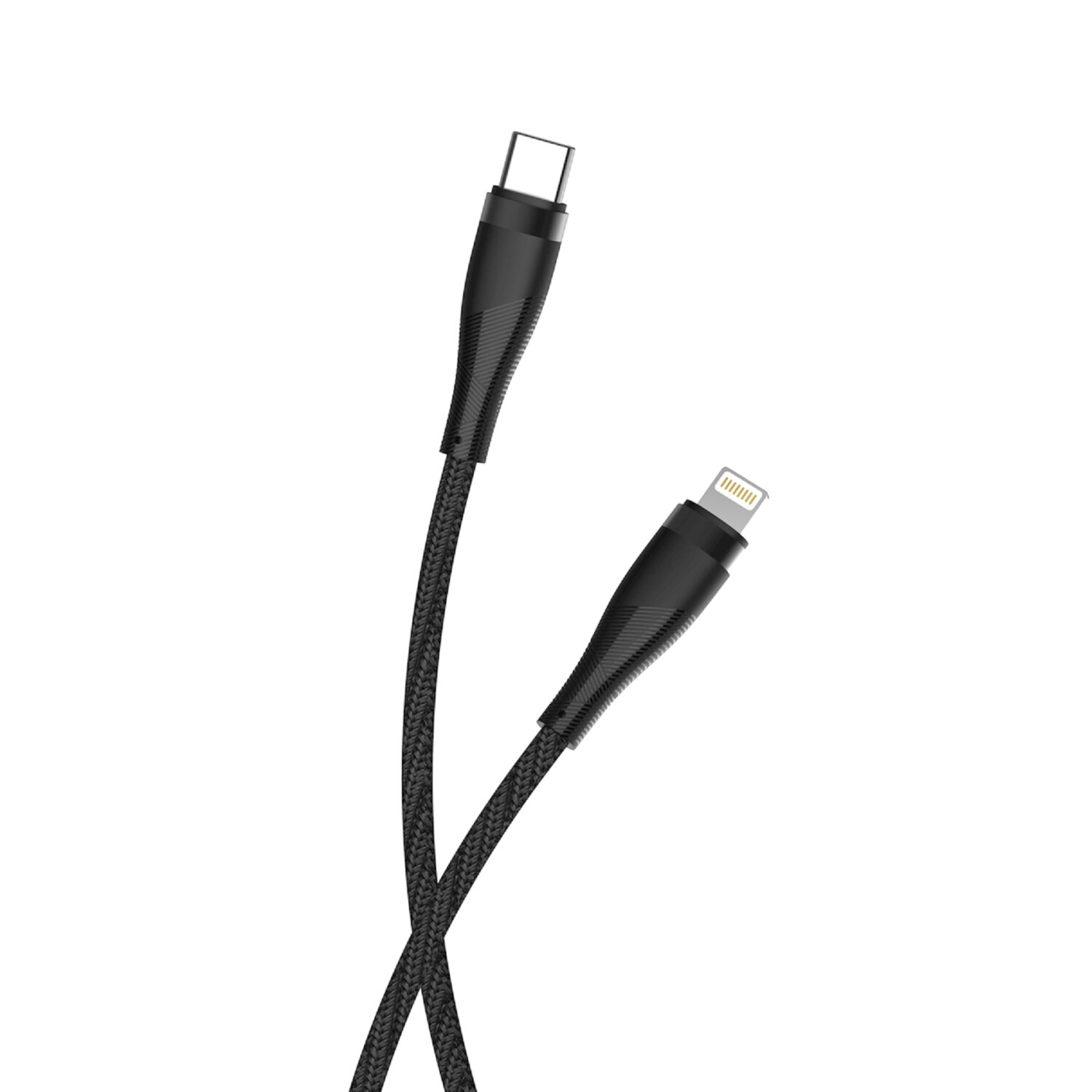 Schwarzes USB-C-zu-Lightning-Kabel. Ein Ende ist USB-C, das andere Lightning.