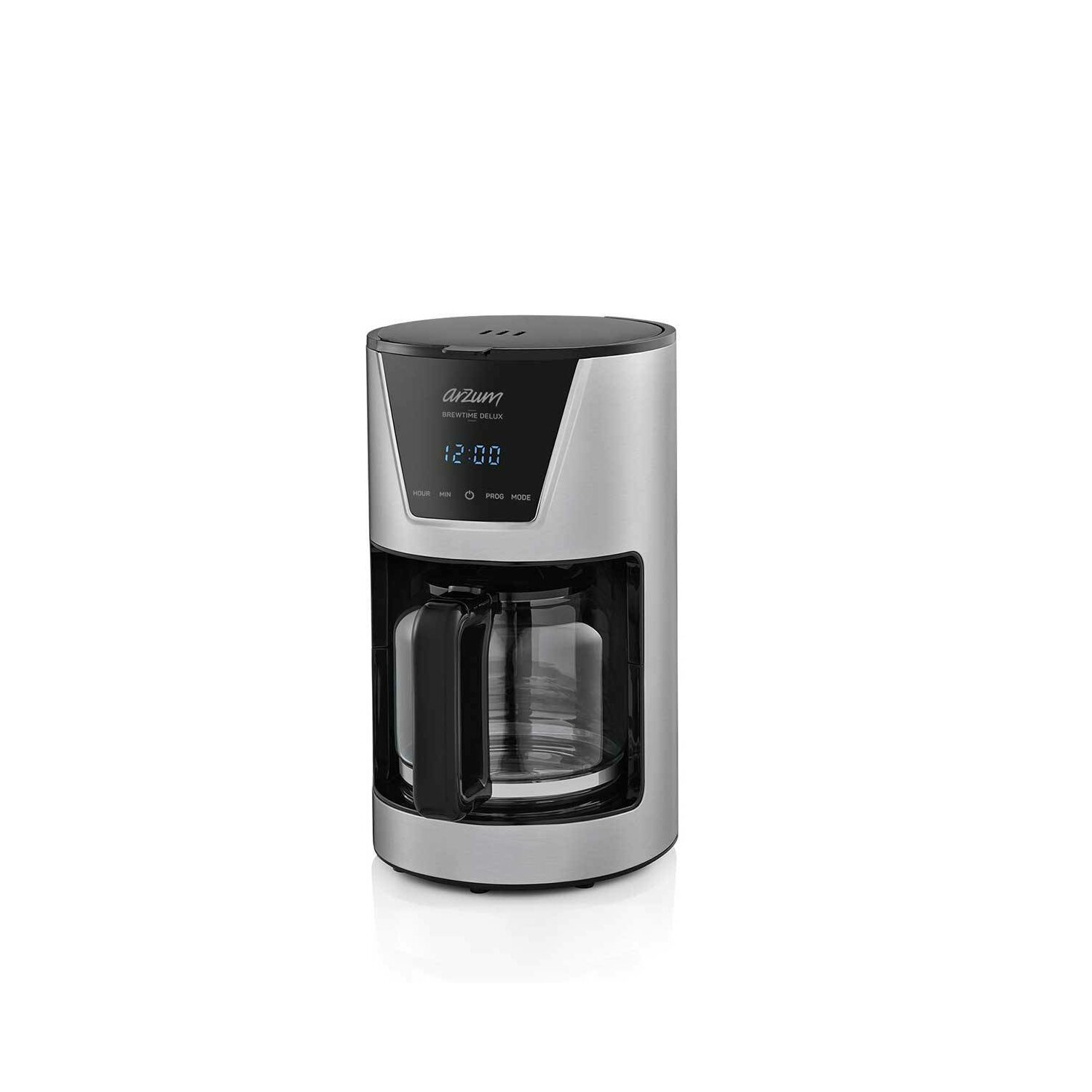 Silberne Arzum Kaffeemaschine mit schwarzem Deckel und Glaskanne. Sie zeigt die Uhrzeit 12:00 an.