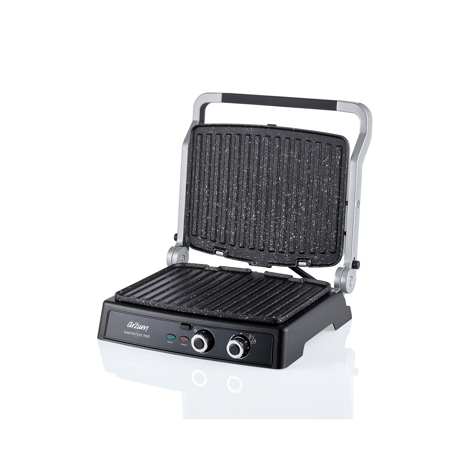 Schwarzer und silberner Grill mit zwei Bedienknöpfen. Der Grill ist geöffnet.