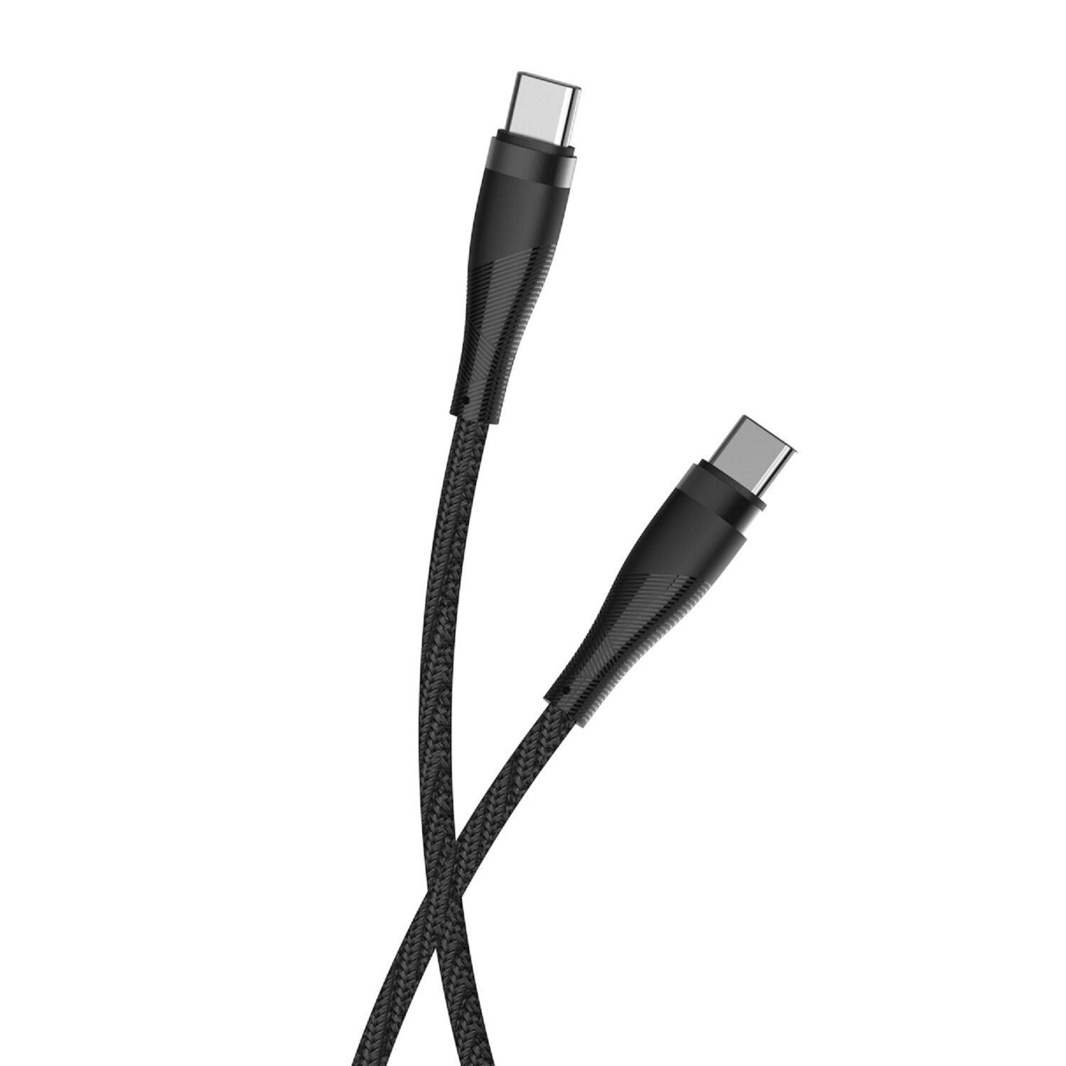 Zwei schwarze USB-C-Kabel, die miteinander verdreht sind. Sie haben strukturierte Außenhüllen.