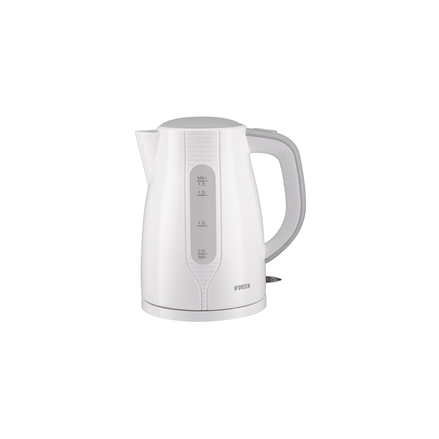 Biały czajnik elektryczny z szarym uchwytem i pokrywą. Na białym tle.