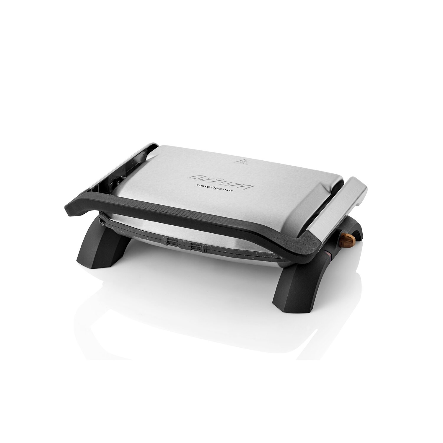 Ein silberner und schwarzer Panini-Grill, geöffnet und einsatzbereit.