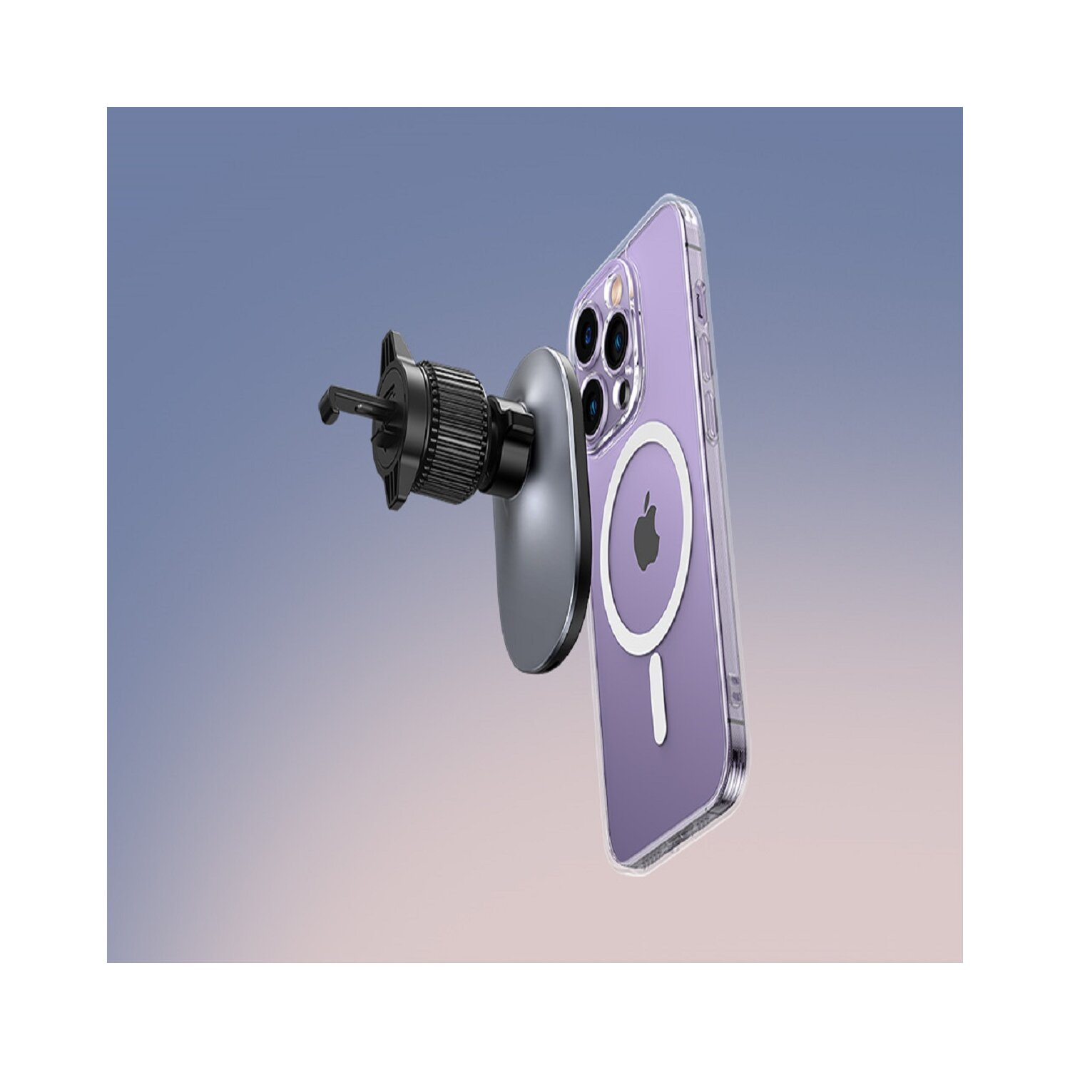 Telefon mit Autohalterung. Das Telefon ist lila mit drei Kameras und einem weißen MagSafe-Kreis.