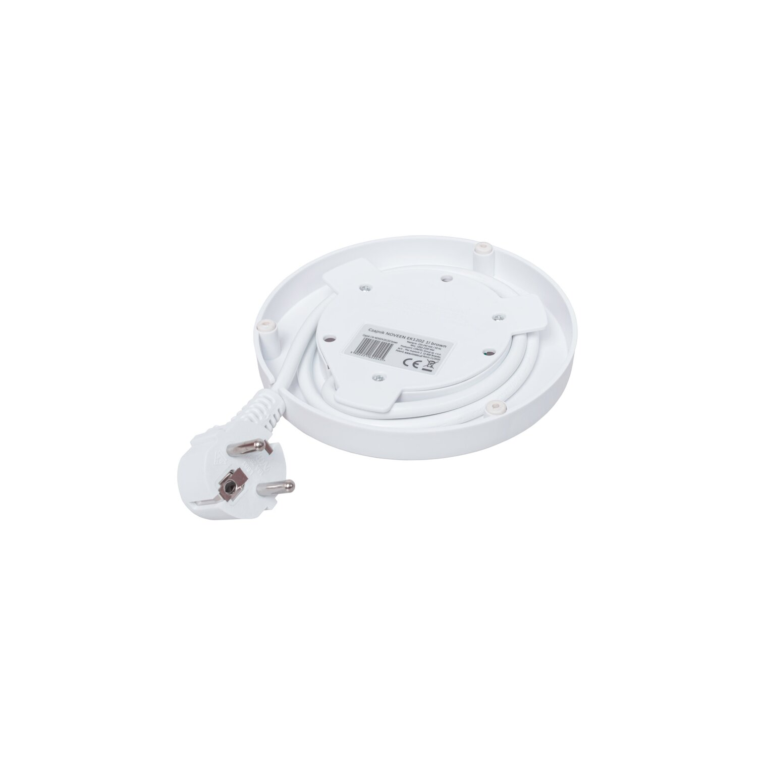 Biała podstawa czajnika, widoczna wtyczka i przewód. Podstawa jest okrągła.