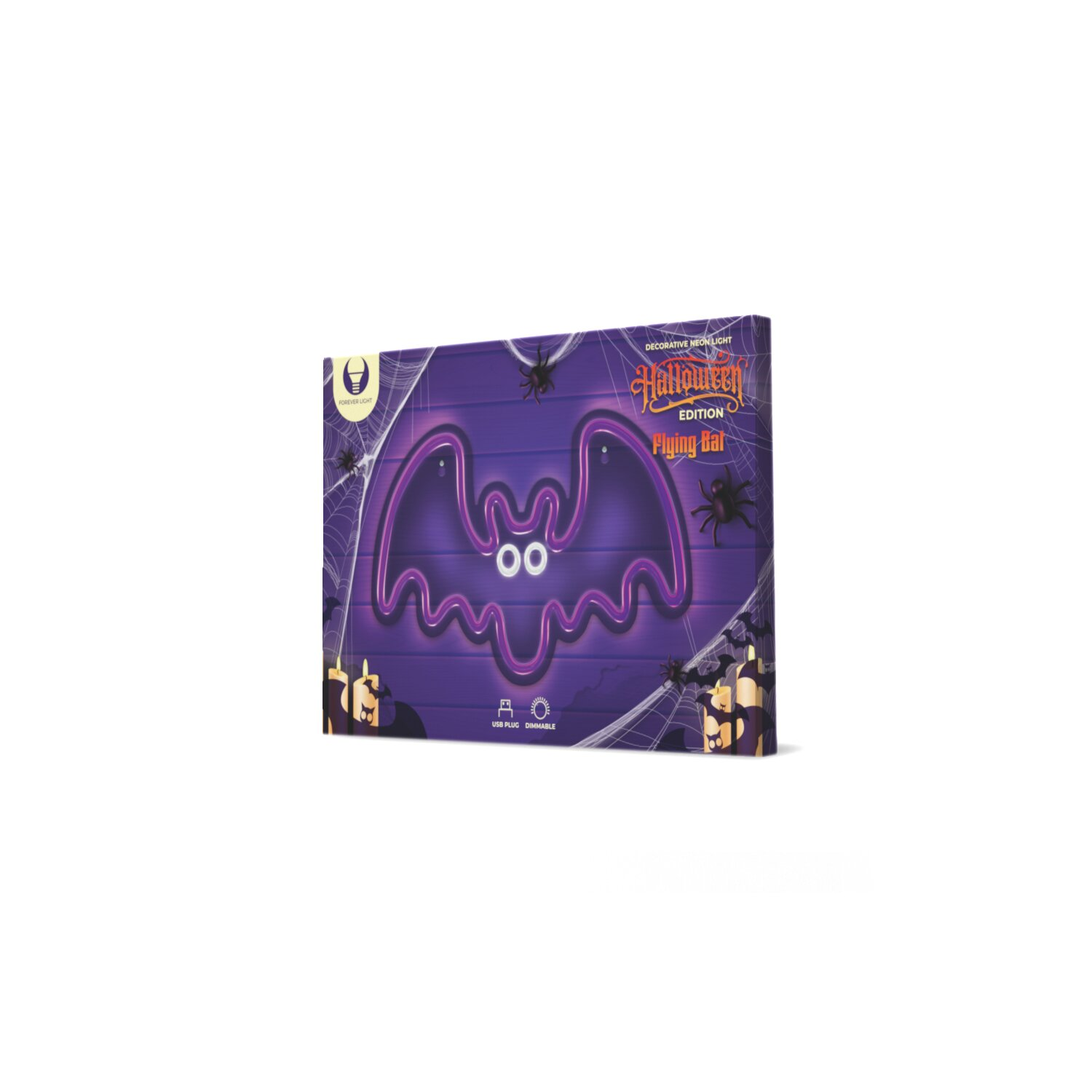 Halloween-Dekorationsbox. Die Box hat eine lila Fledermaus mit den Worten: "Halloween Edition Flying Bat".