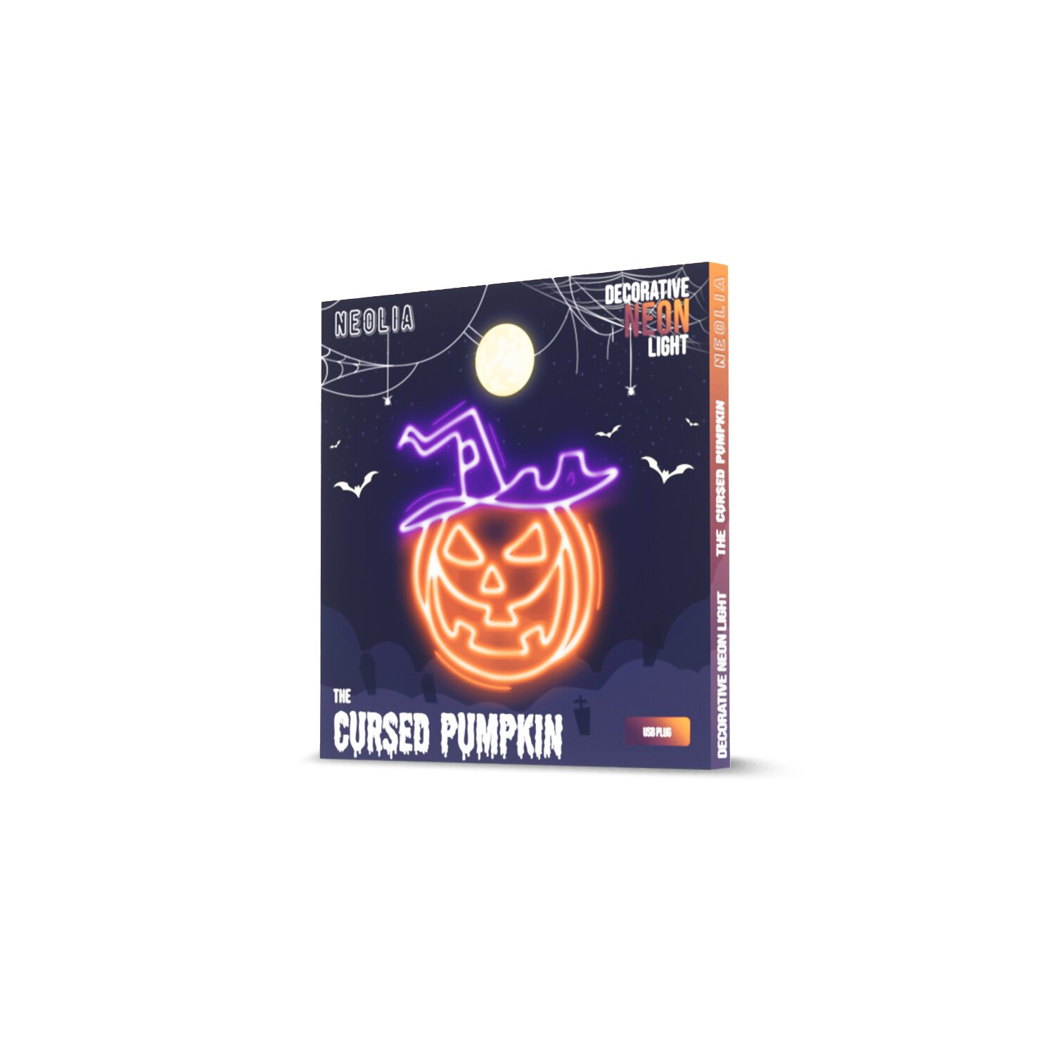 Ein neonorangefarbener Kürbis mit Hexenhut befindet sich auf einer Produktbox mit der Aufschrift 'The Cursed Pumpkin'.