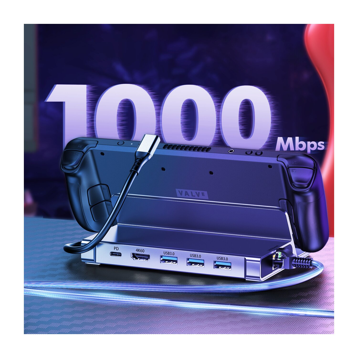 Schwarze Spielkonsole mit silberner Basis, verbunden mit einem Kabel, mit dem Wort 1000 Mbps geschrieben.