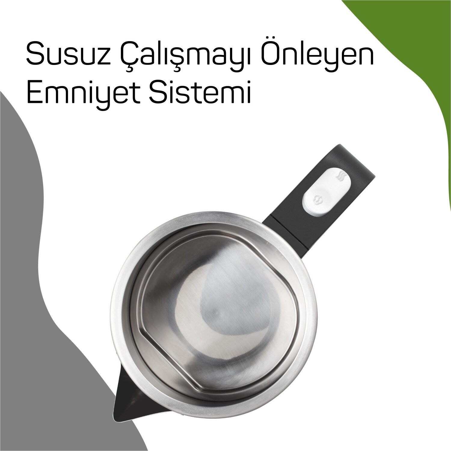 Paslanmaz çelik ürün, siyah sap, güvenlik sistemi hakkında metin.