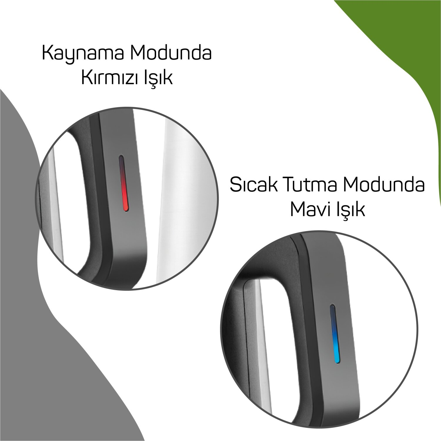 İki düğmenin yakın çekimi, kırmızı ve mavi, bir daire içinde metin etiketleriyle. Beyaz ve gri arka plan.