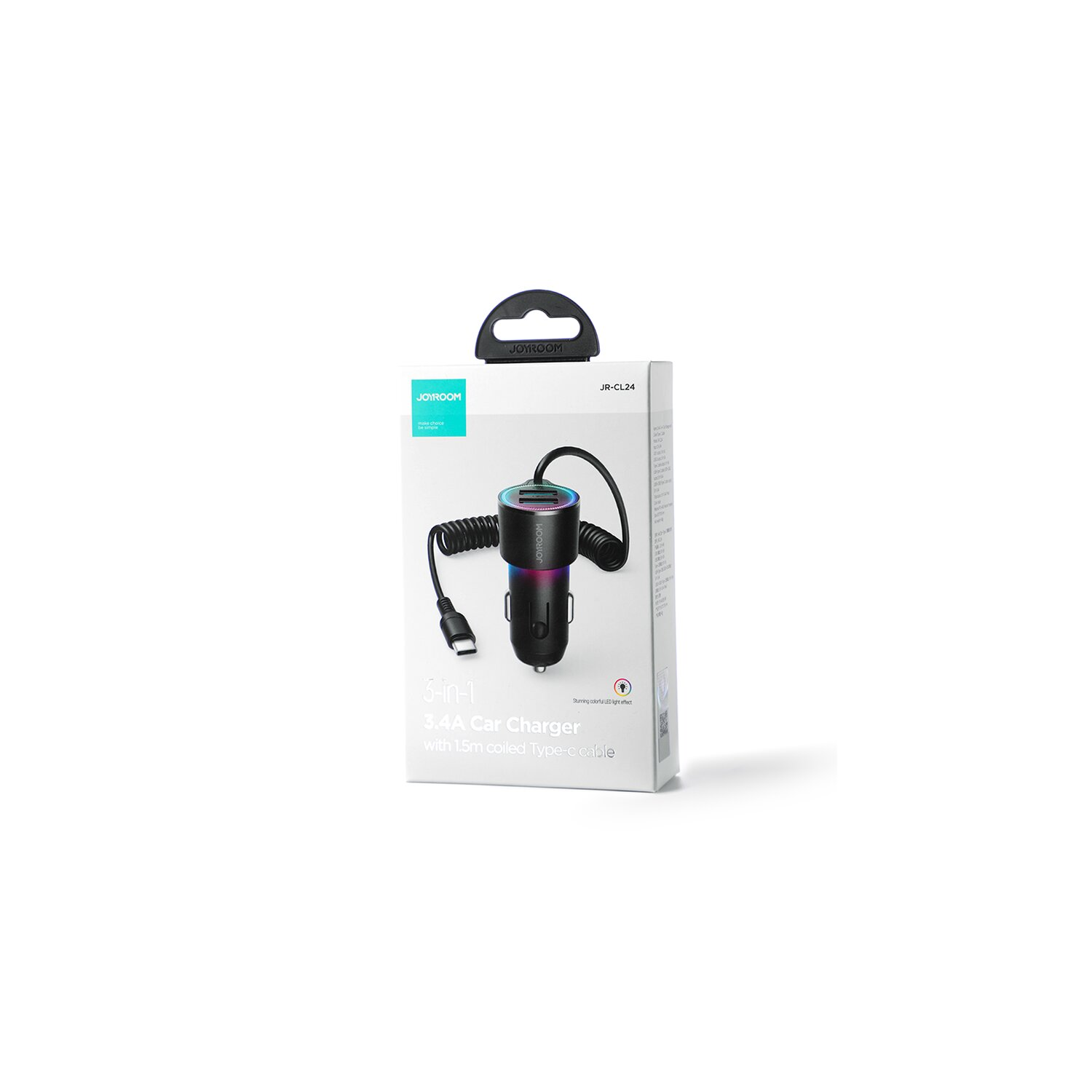 5-in-1-Autoladegerät in einer Box. Zeigt Ladegerät, Spiralkabel und USB-C-Anschluss. Text: JOYROOM.