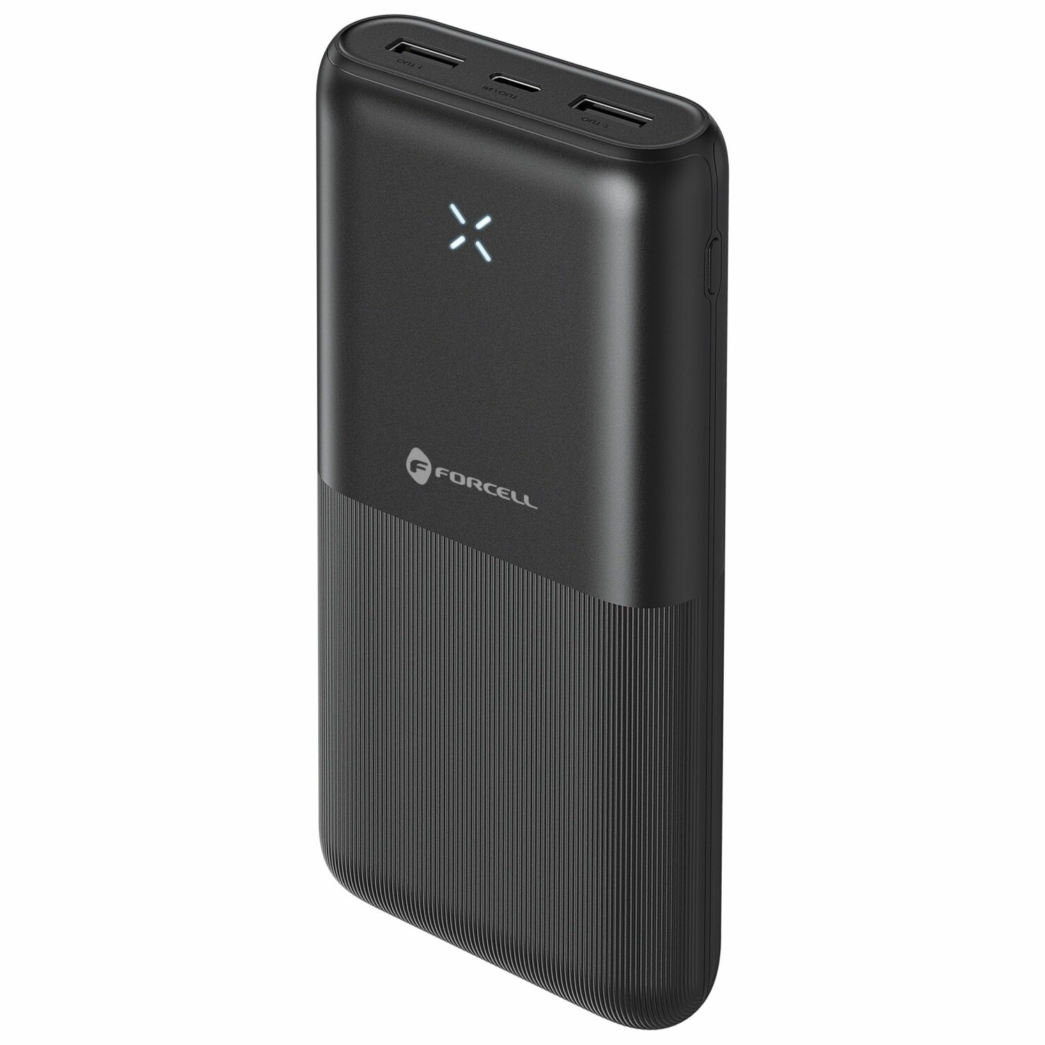 Schwarze Powerbank mit strukturierter Unterseite. Mit Ladeanzeige und zwei USB-Anschlüssen.