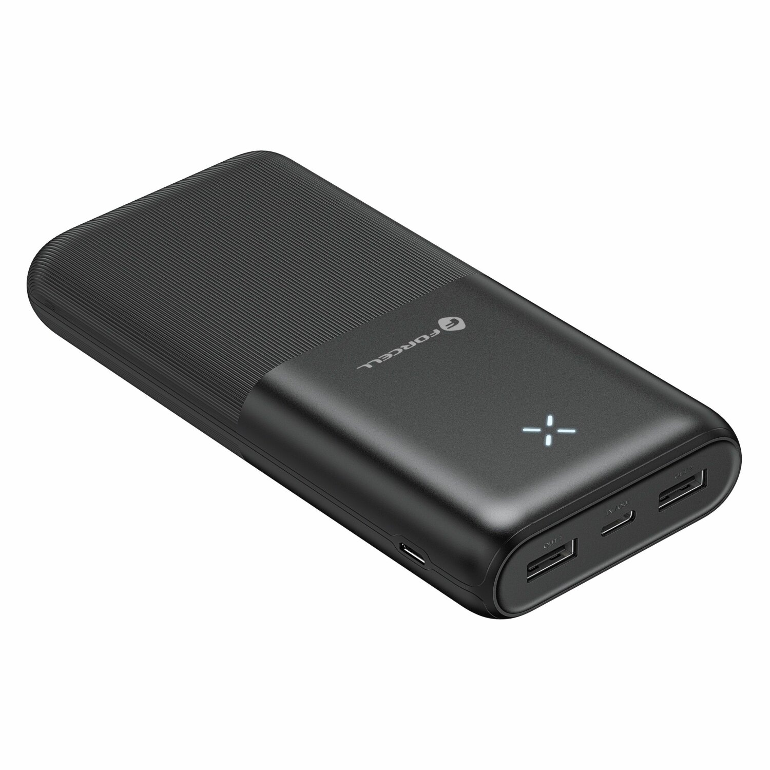 Schwarze Powerbank mit Ausgangsanschlüssen und einer Ladeanzeige.