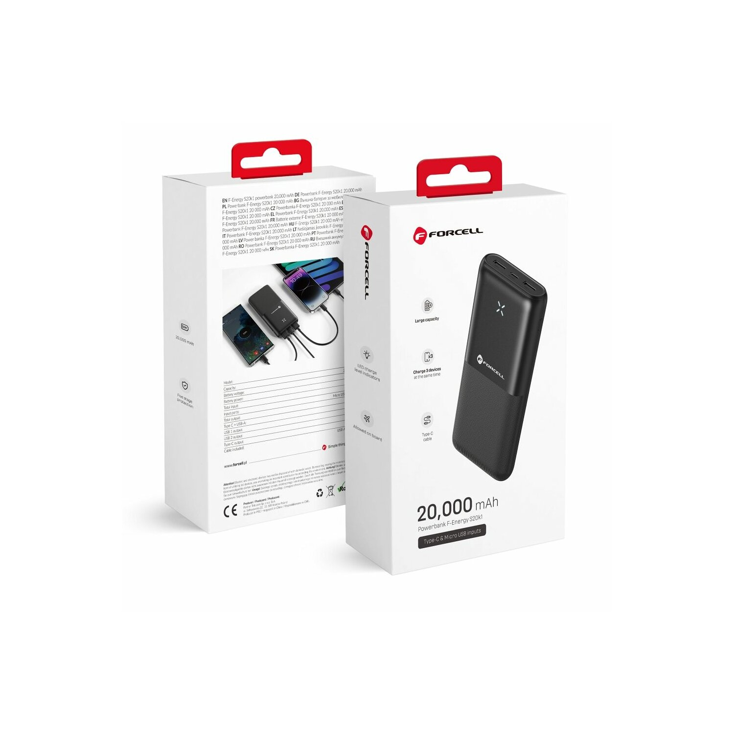 Zwei weiße und schwarze Boxen mit einer Powerbank. Text in mehreren Sprachen.