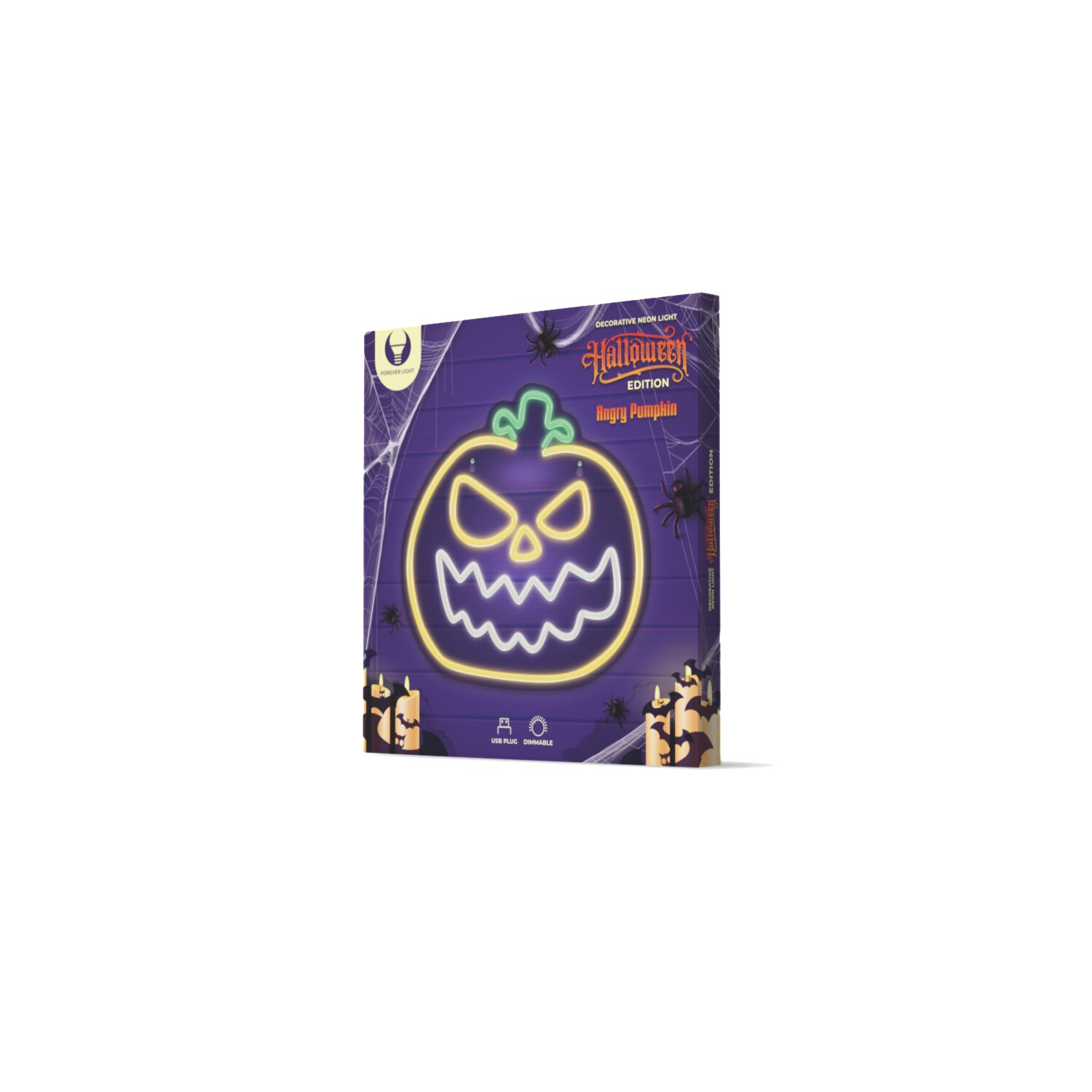 Eine Halloween-Box mit einem Neon-Kürbis-Design auf lila Hintergrund.