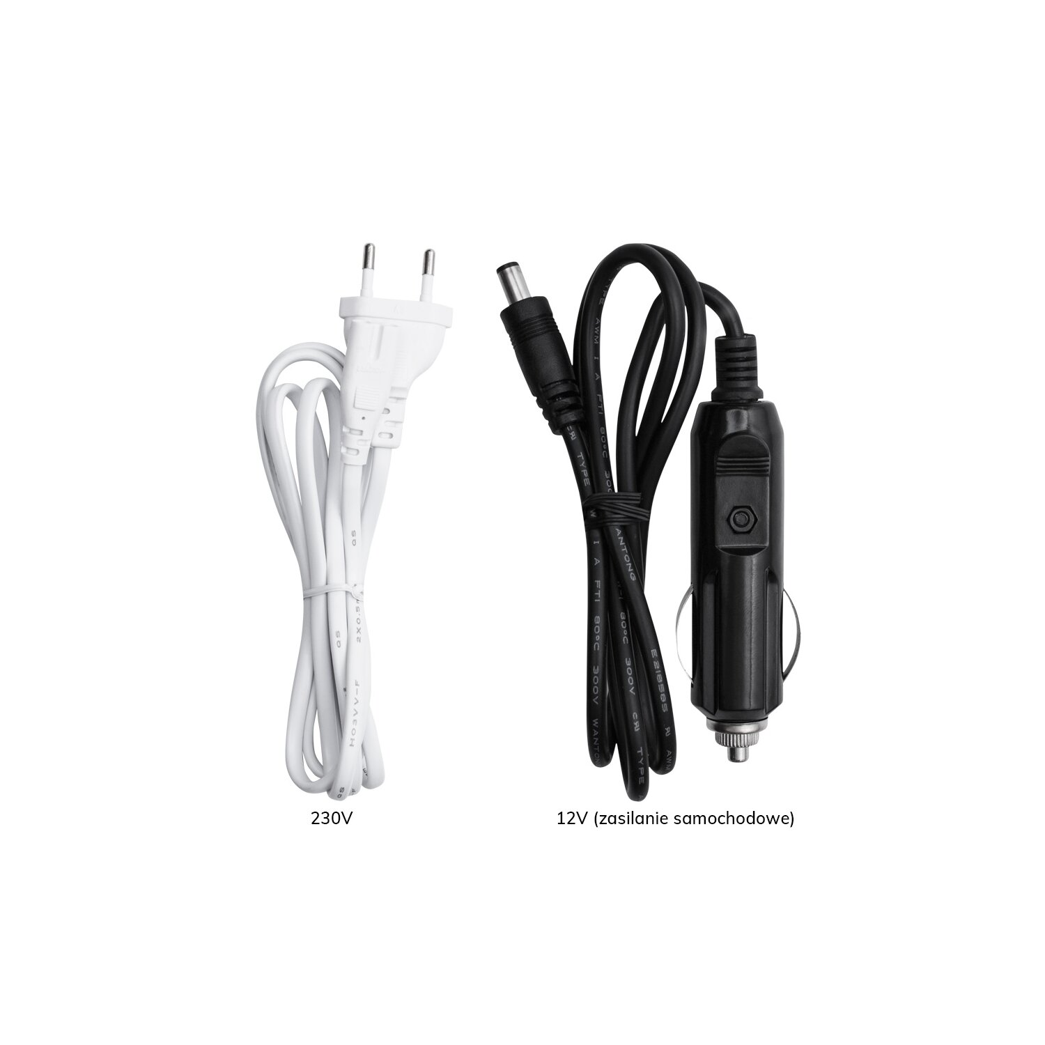 Zwei Stromkabel, weiß 230V und schwarz 12V für das Autoladen.