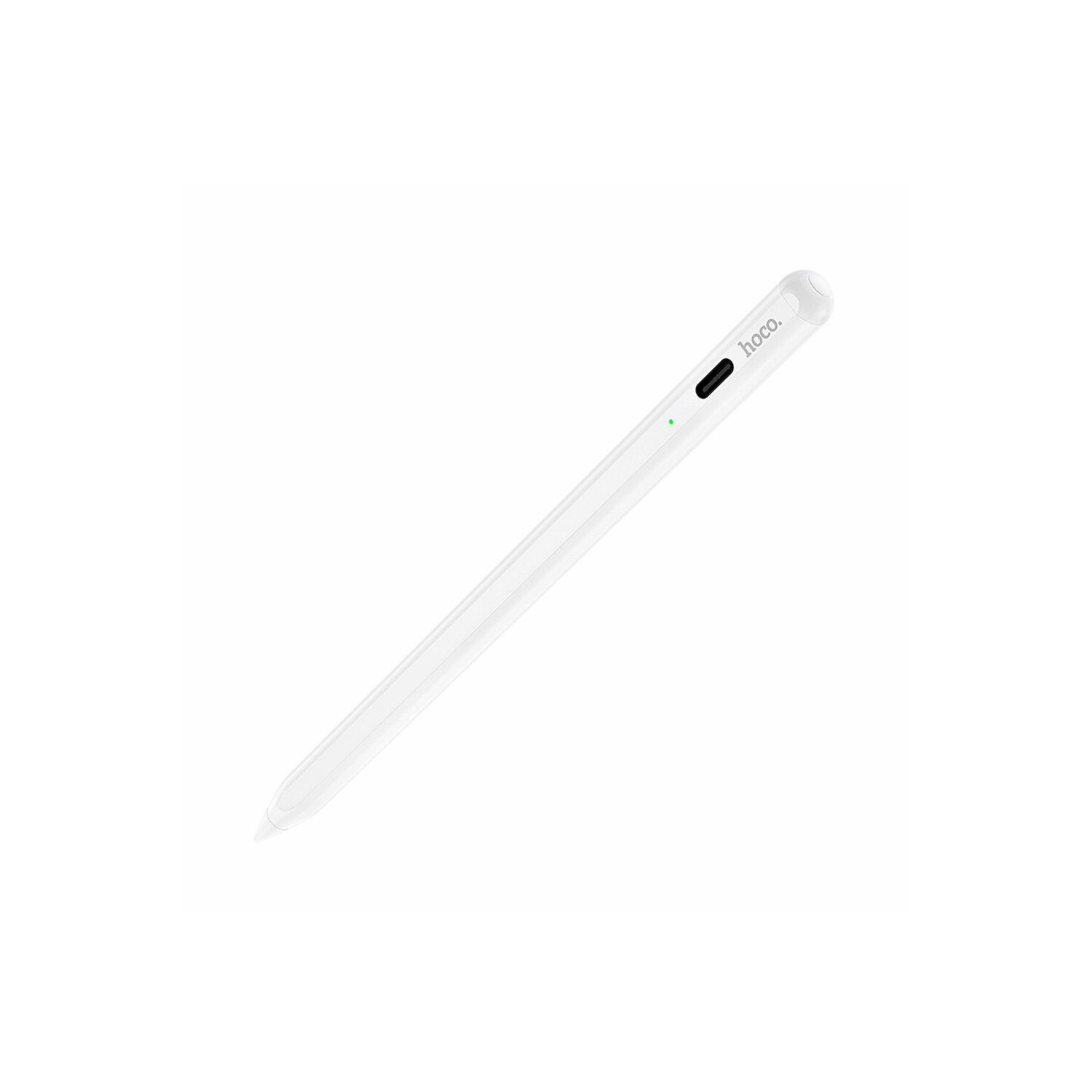 Weißer Stift mit schwarzem Knopf und grünem Licht auf weißem Hintergrund. Der Markenname 'hoco.' ist sichtbar.