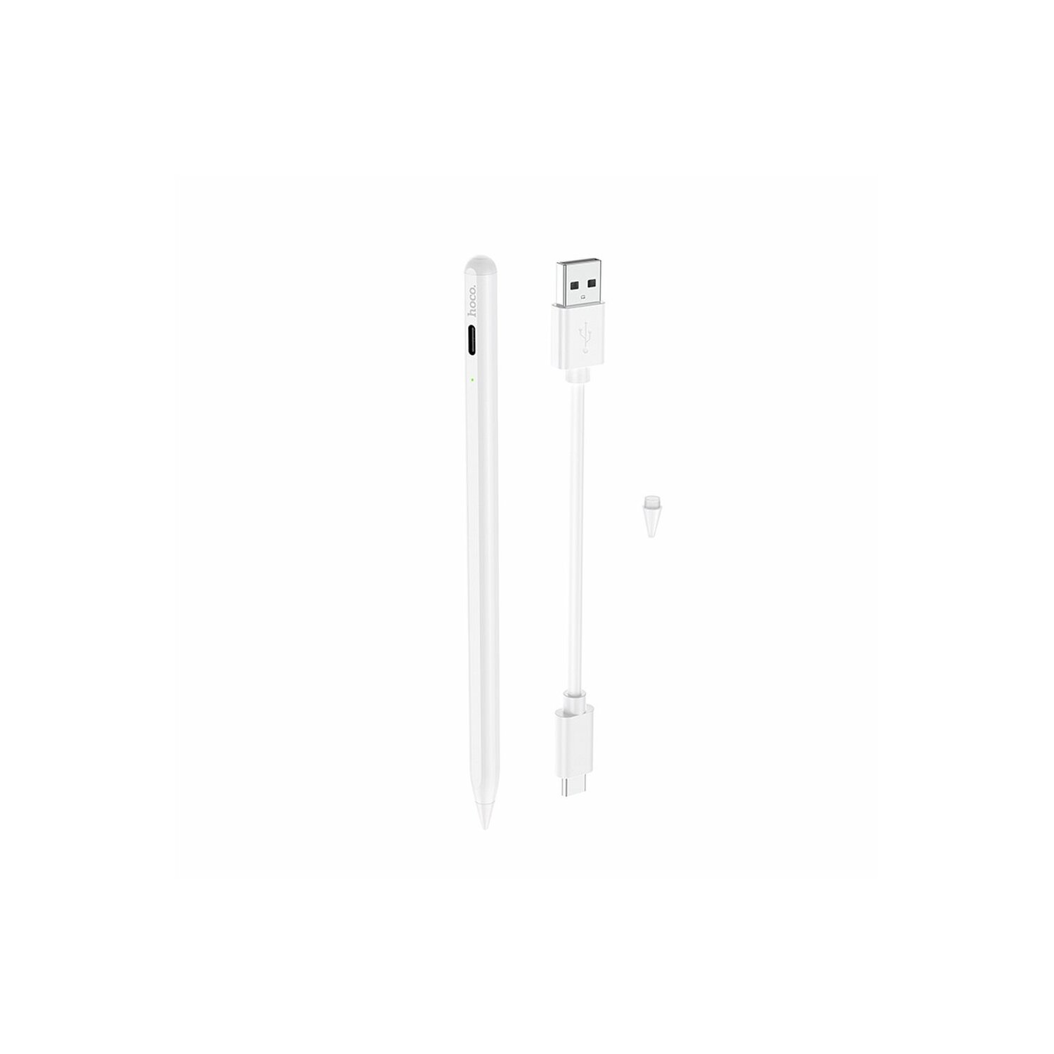 Weißer Eingabestift, Ladekabel und ein kleiner Adapter auf Weiß.