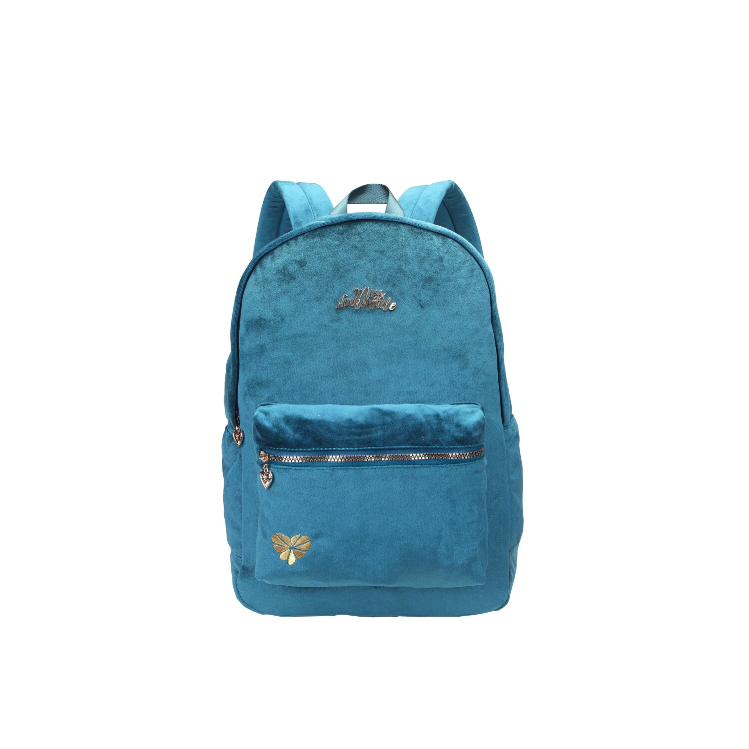 Türkisblauer Samt-Rucksack mit Fronttasche und goldener Biene. Das Markenlogo befindet sich oben.