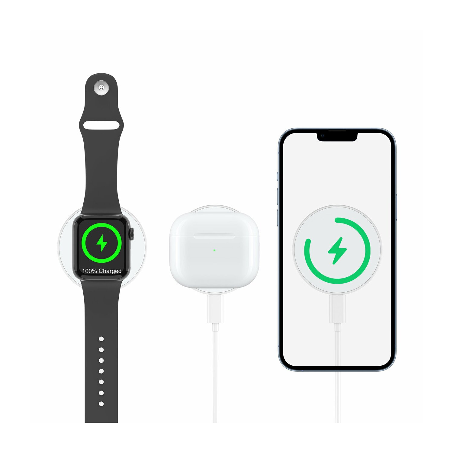 Eine Apple Watch auf einer Ladestation, ein AirPod-Etui und ein iPhone, das geladen wird.