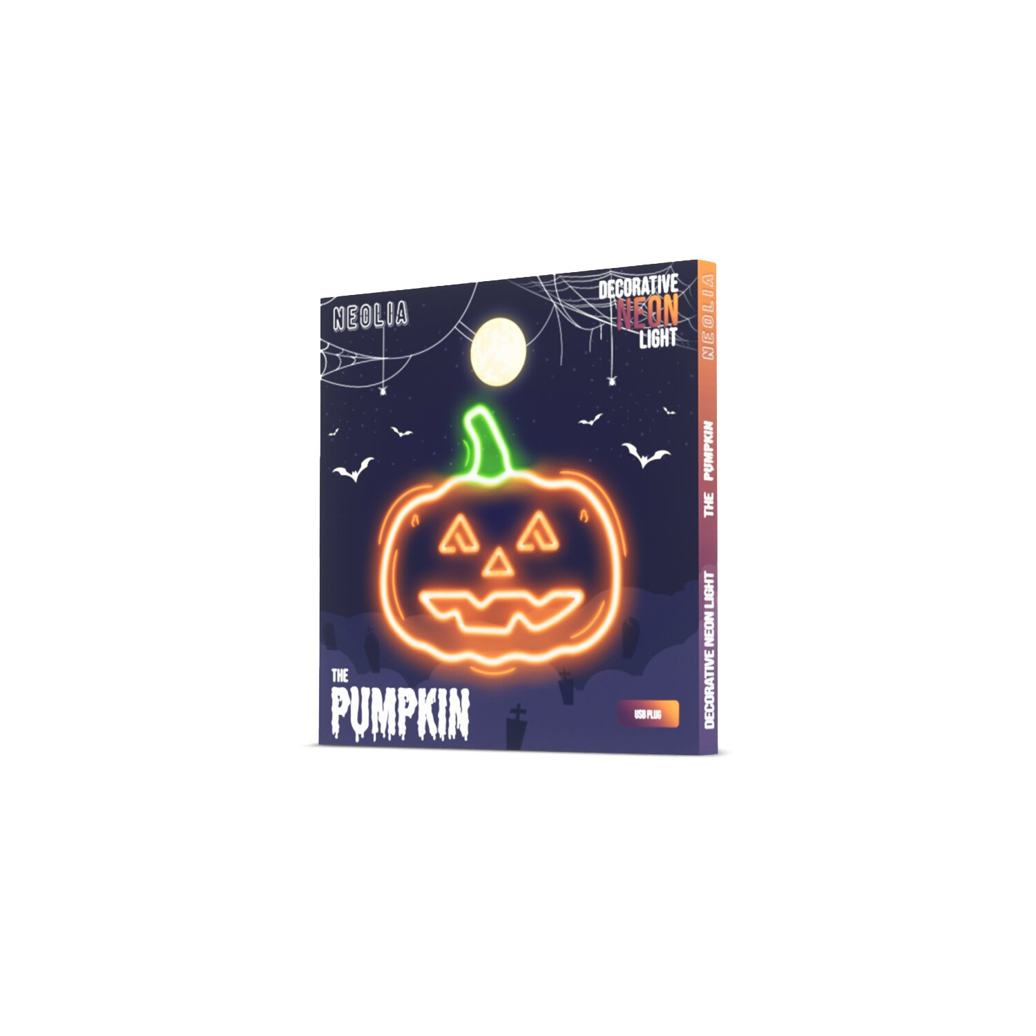 Kürbis-Neonlichtbox. Oranger Kürbis mit grünem Stiel und Text 'The Pumpkin'.