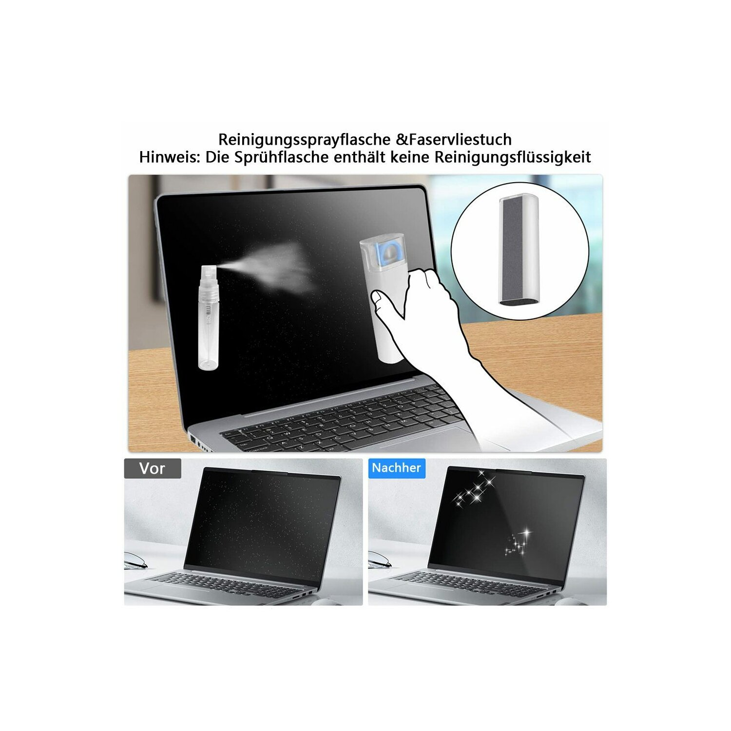 Ein Laptop wird mit Sprühflasche und Tuch gereinigt. Vorher-Nachher-Ansichten zeigen den Bildschirm.