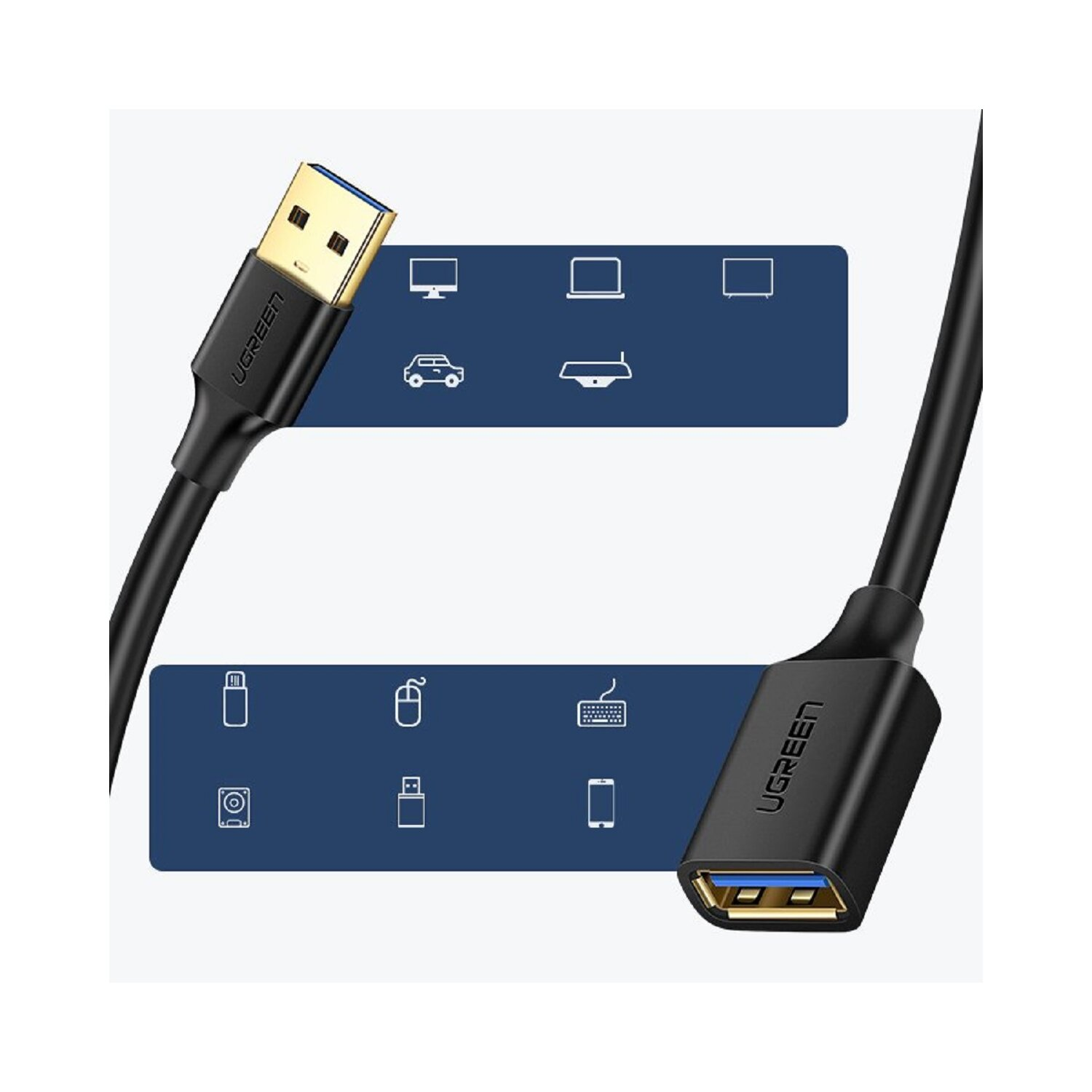 Czarny kabel USB ze złotym złączem i czarnym złączem z niebieskim portem USB. Ikony urządzeń w tle.