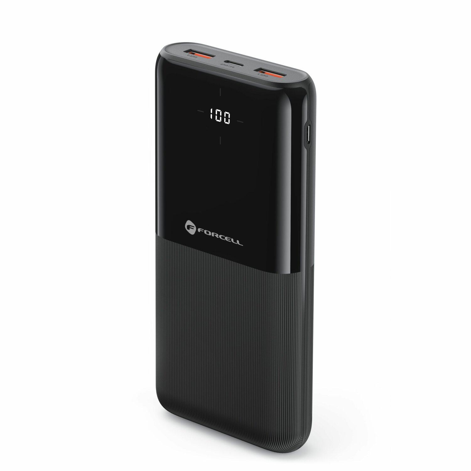 Schwarze Powerbank mit Digitalanzeige, die 100 anzeigt, zwei Anschlüsse. Schwarzes und dunkelgraues Design.