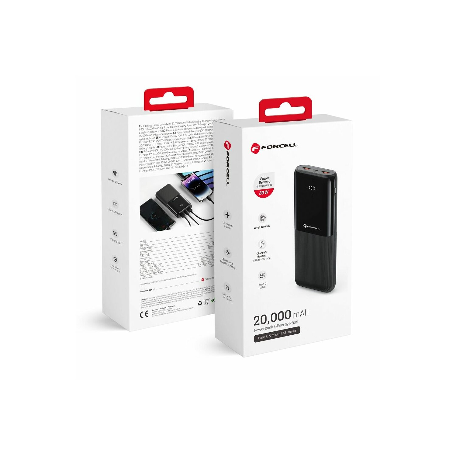 Powerbank-Verpackung: zwei weiße Kartons mit schwarzer Powerbank. Text und Grafiken.
