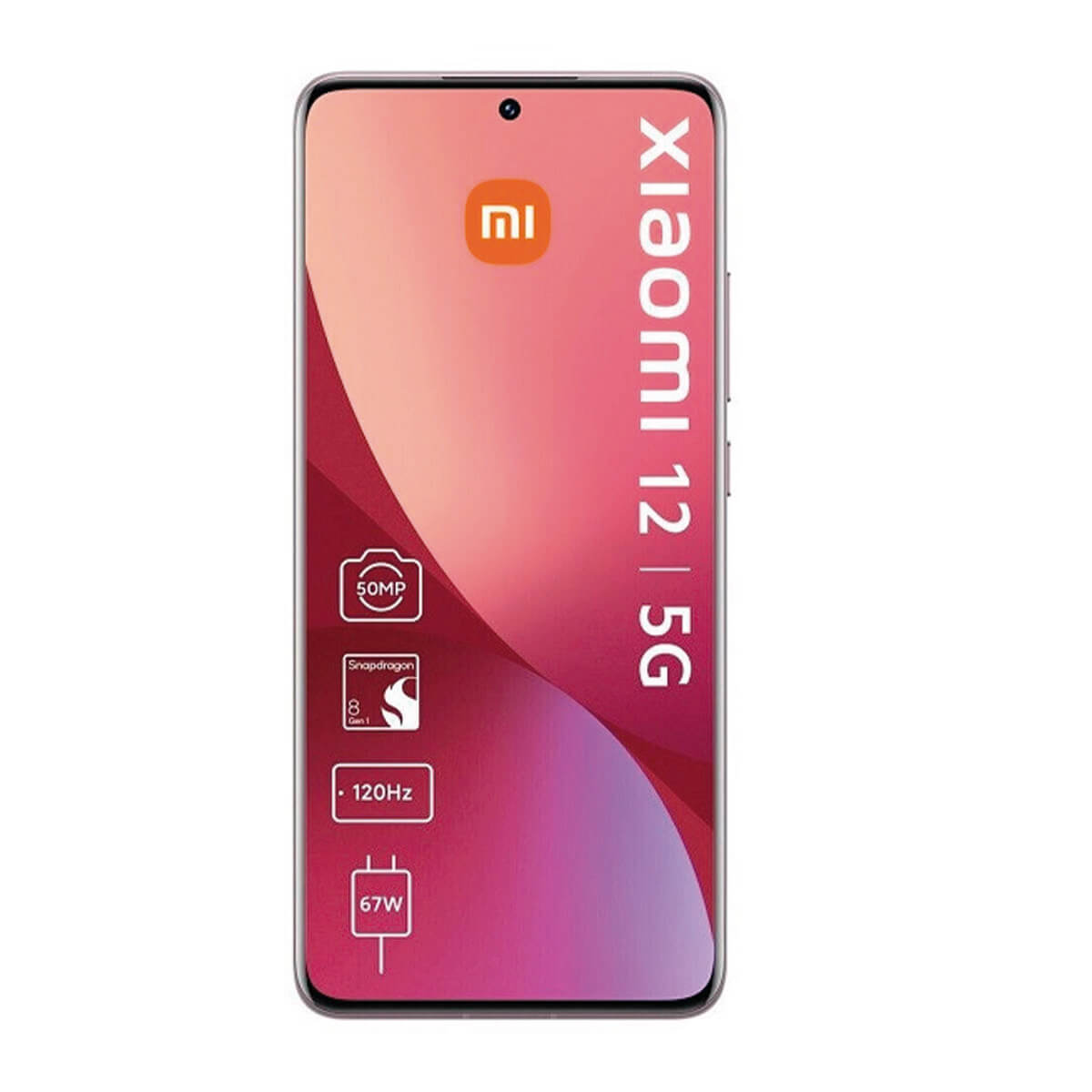 Een smartphone met een roze achtergrond op het scherm. Het Xiaomi-logo is zichtbaar. Pictogrammen worden op het scherm weergegeven.