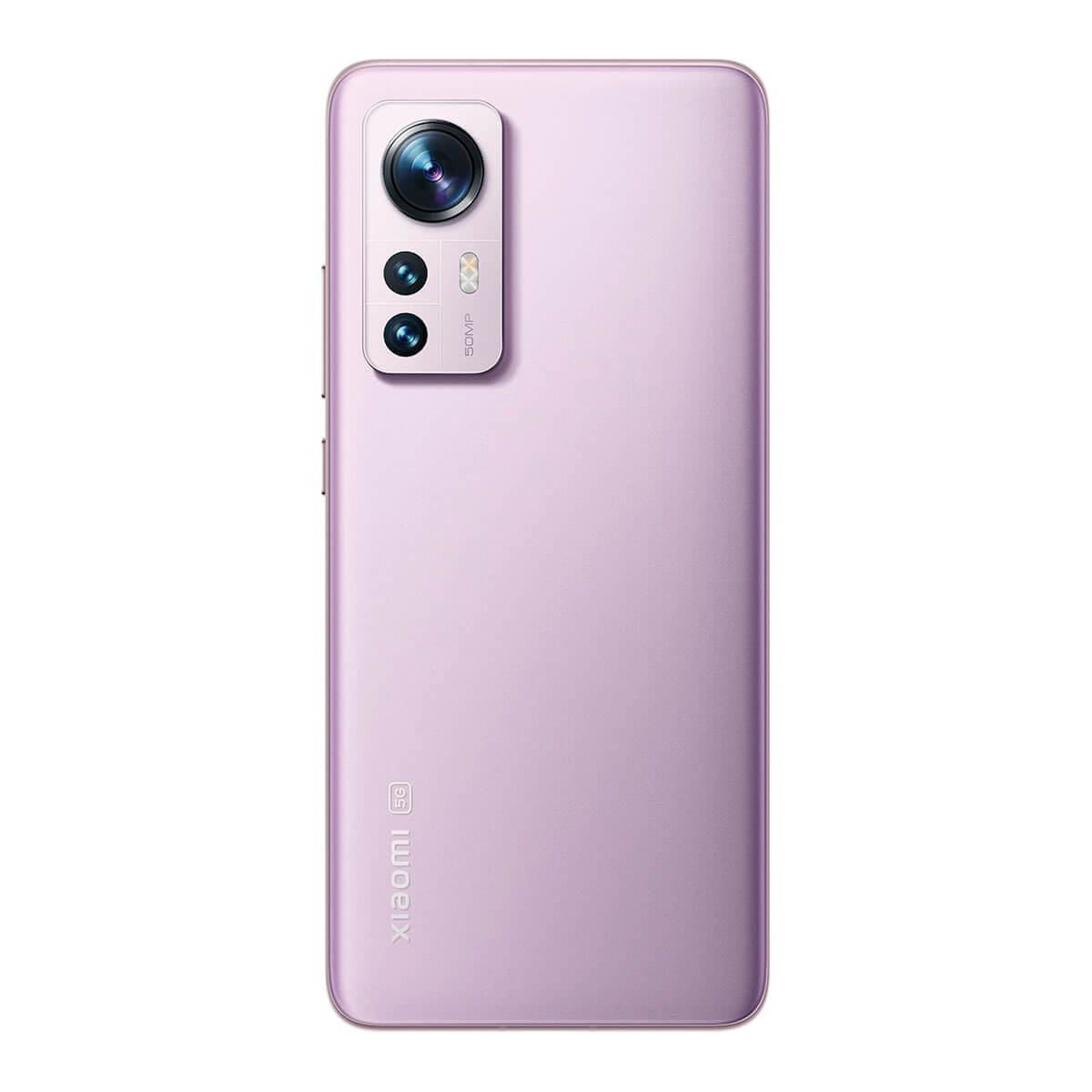 Een paarse Xiaomi-telefoon met drie camera's en een logo op de achterkant.