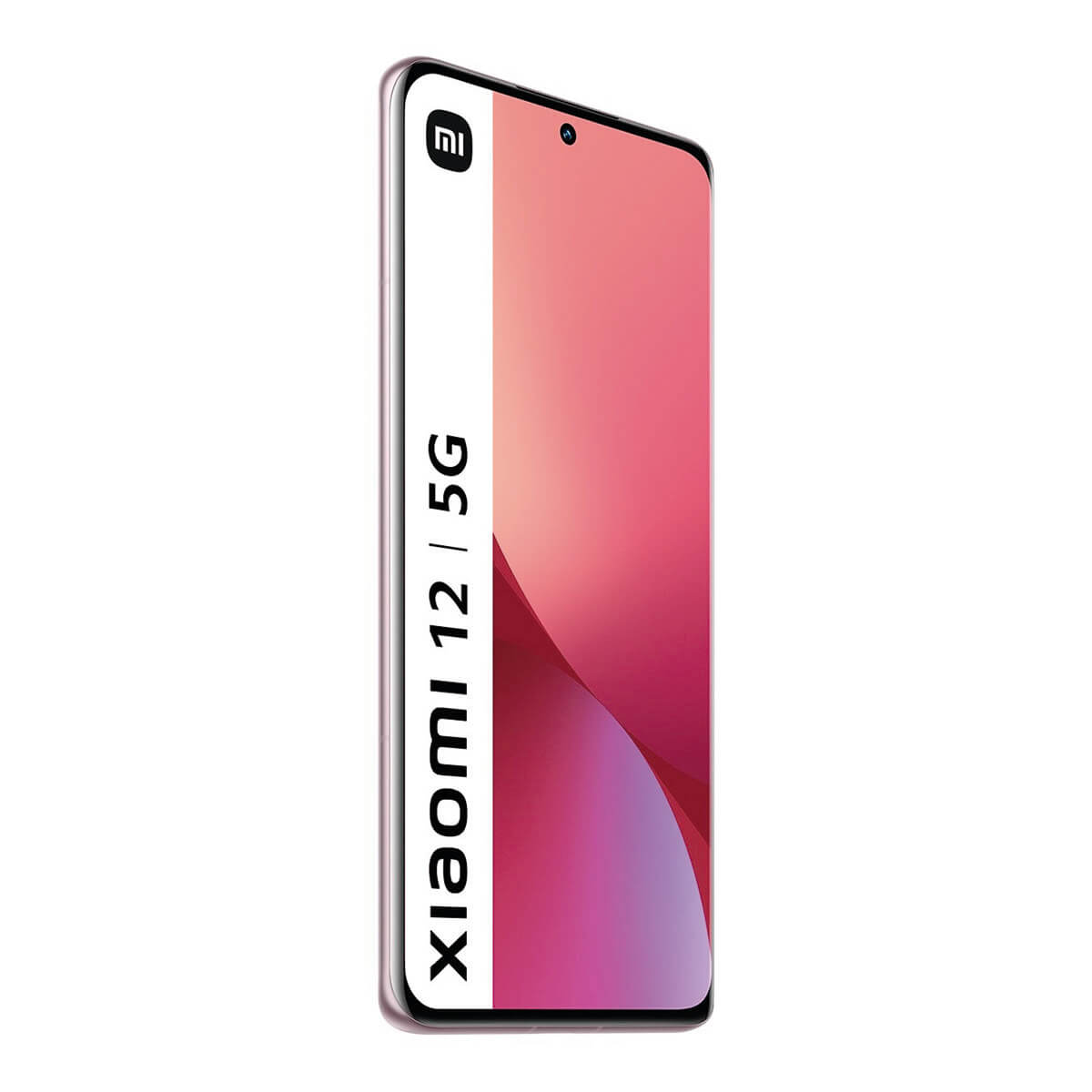 Xiaomi 12 5G smartphone, roze achterkant, met een scherm met roze verloop, witte achtergrond.