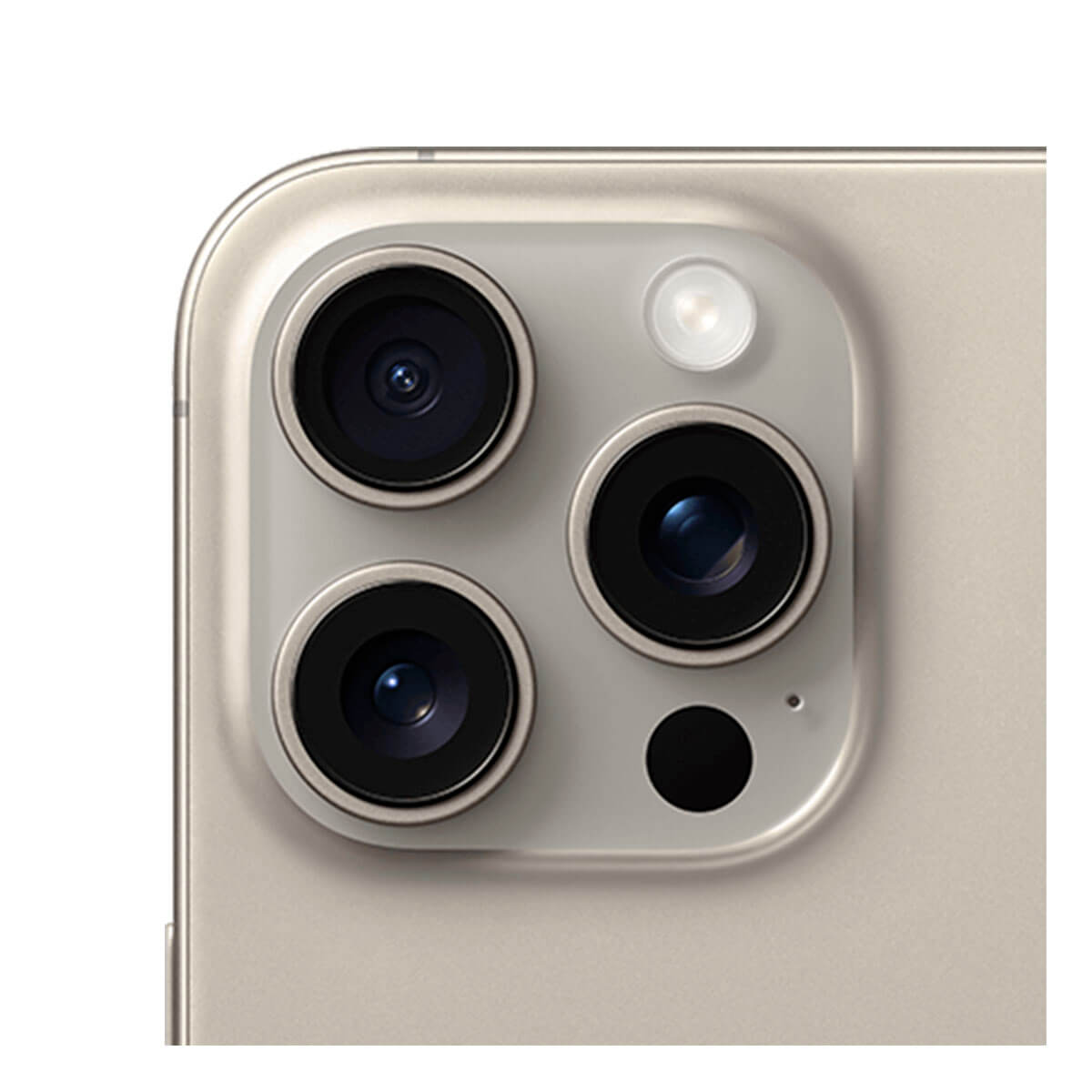 Zbliżenie modułu aparatu telefonu z trzema obiektywami i lampą błyskową. Beżowa ramka.