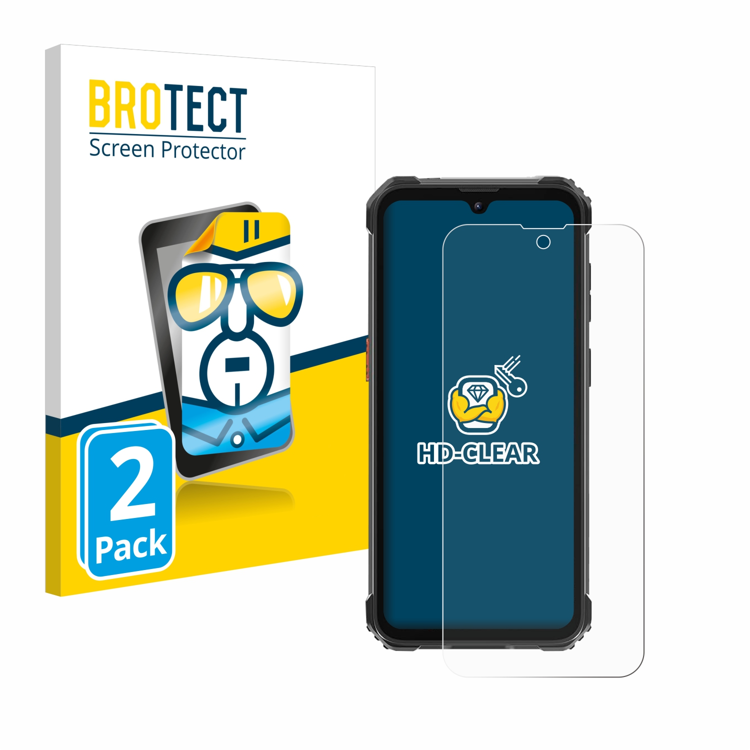 Telefon mit Displayschutz und Box. Der Schutz hat die Aufschrift HD-CLEAR.