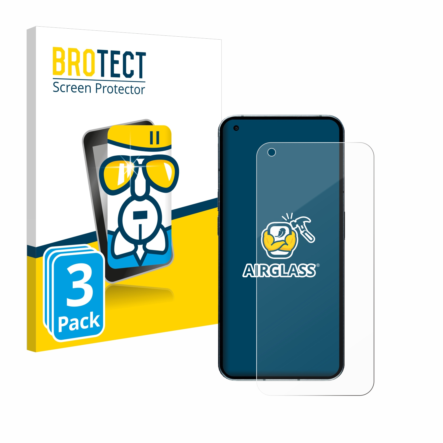 Displayschutzfolie mit Telefon und Box. Die Box hat ein Cartoon-Bild. 3er Pack.