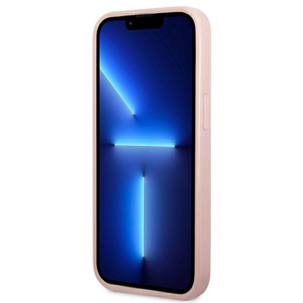 Custodia per telefono rosa con telefono all'interno che mostra un display blu su sfondo bianco.