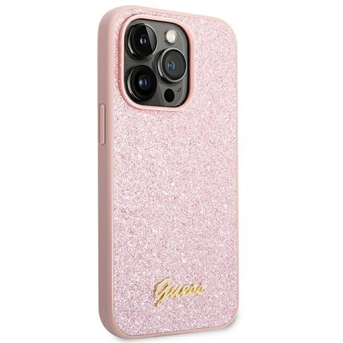 Custodia per telefono rosa glitterata con logo Guess dorato e ritaglio per fotocamera tripla.