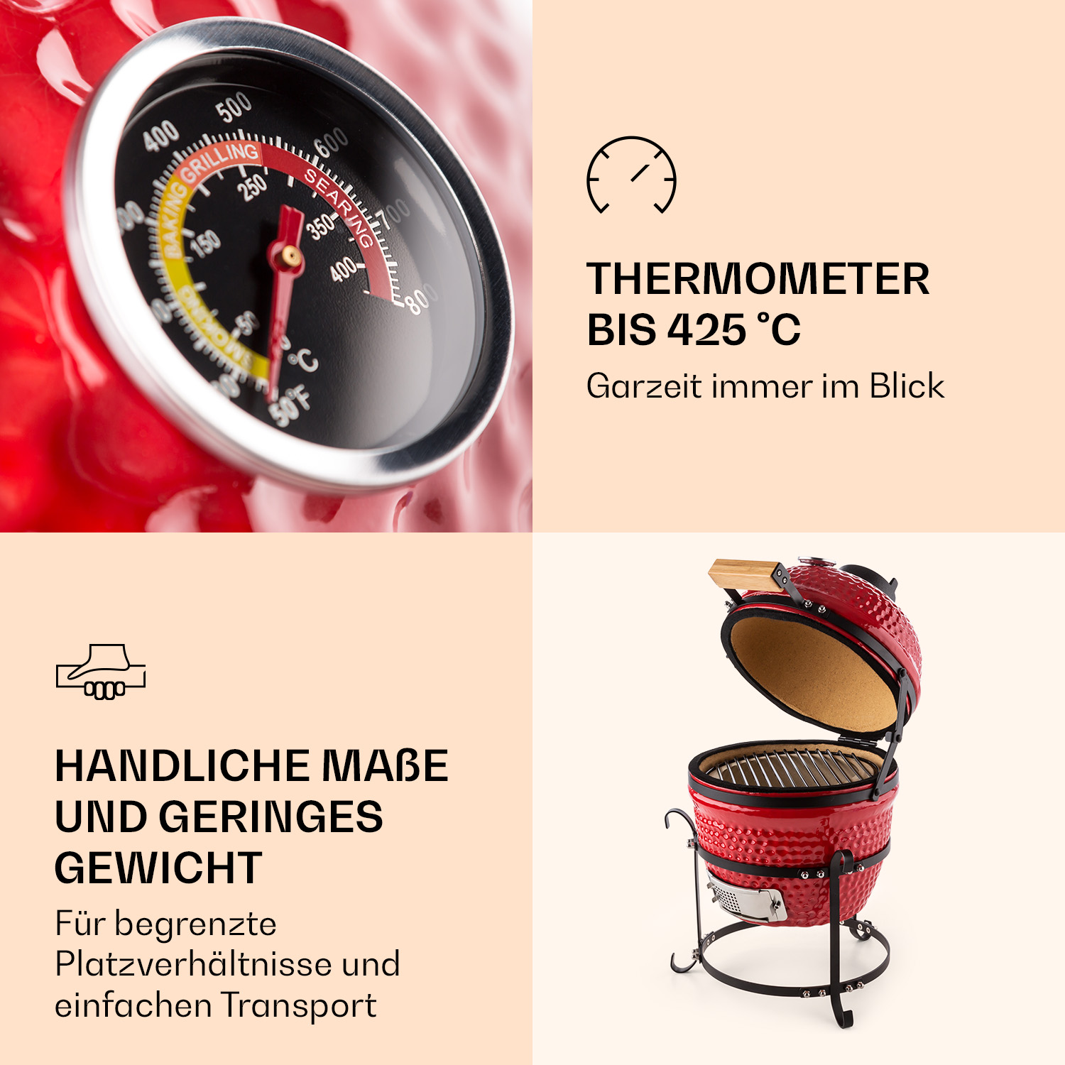 Griglia in ceramica rossa con termometro e testo sulle sue caratteristiche.
