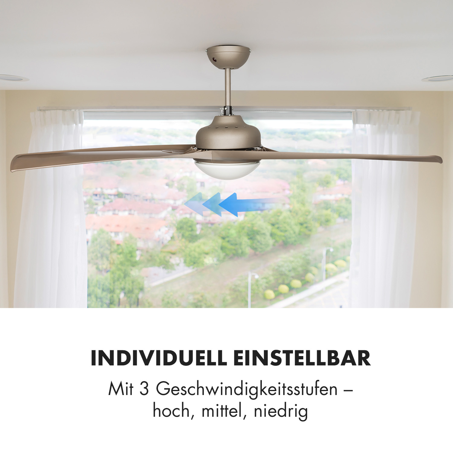 Ventilatore a soffitto con tre pale e una luce. Le frecce mostrano la direzione del flusso d'aria.
