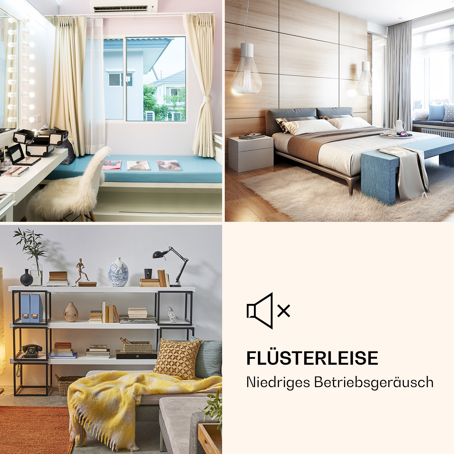 Collage de dormitorio, estantería e texto 'FLÜSTERLEISE', susurro silencioso.