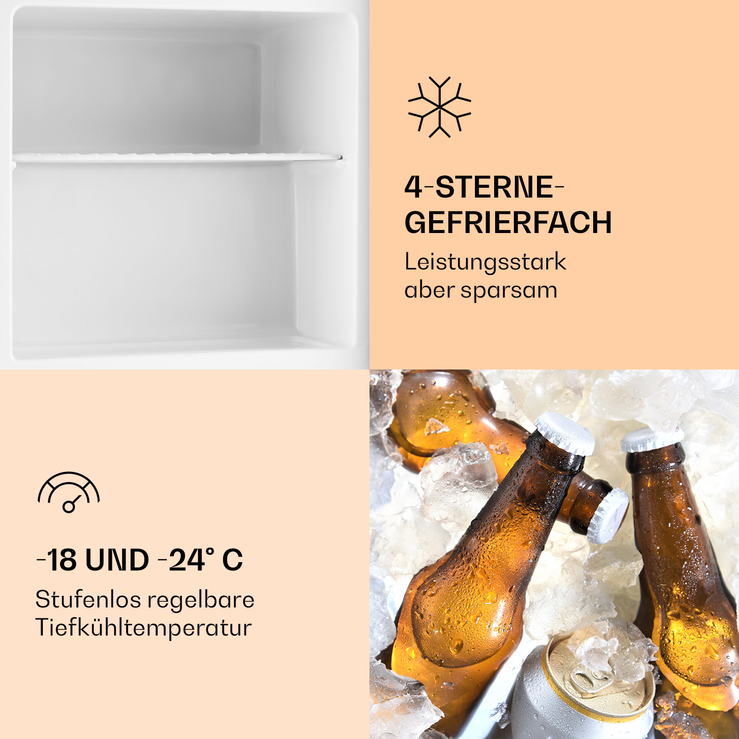 Interior del refrigerador con estantes. Botellas de cerveza sobre hielo en la parte inferior derecha. Fondo melocotón.