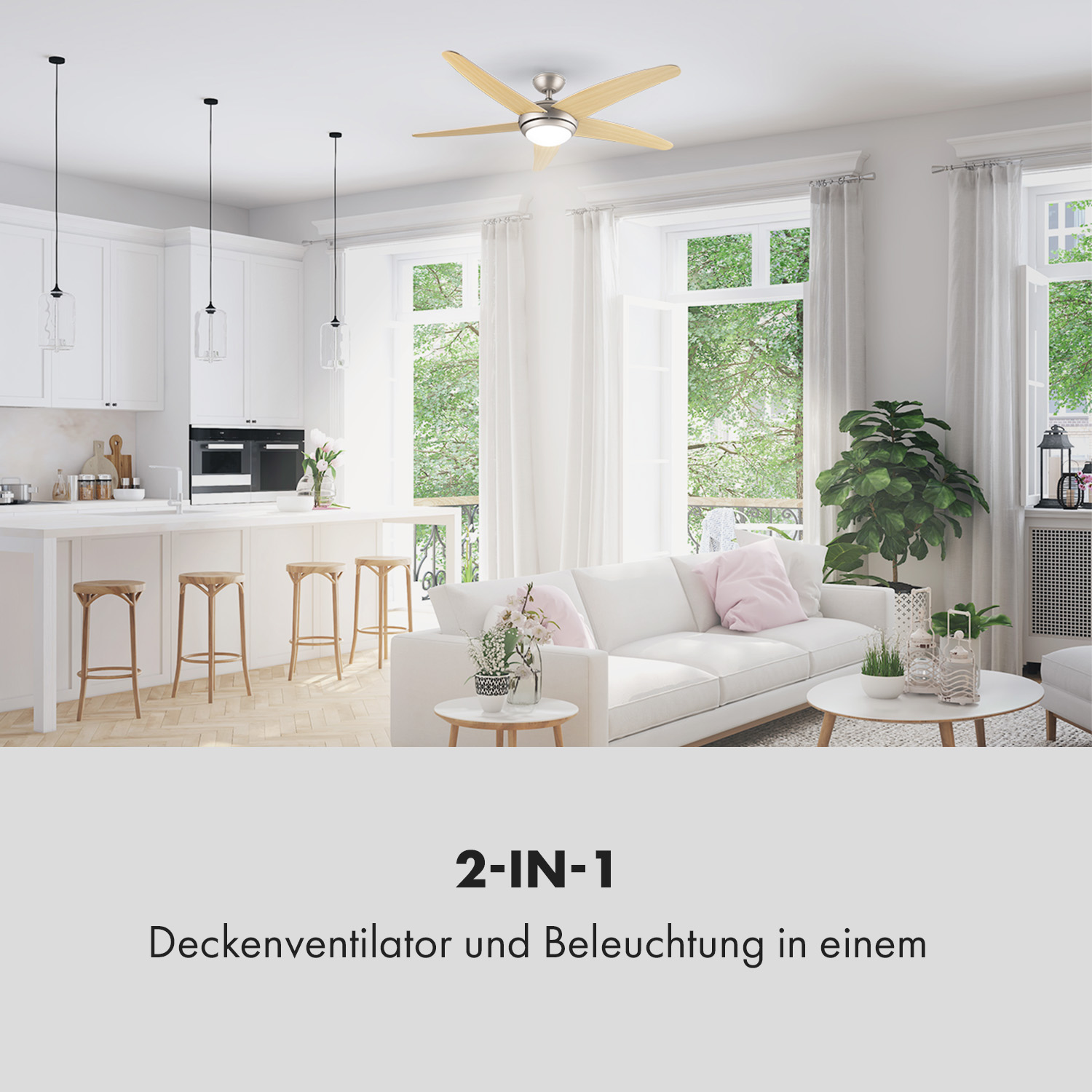Cocina moderna con ventilador de techo y luces, etiquetado '2-IN-1'.